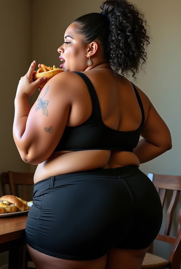 an obese woman sitting on the kitchen floor, cercado de comida, comendo uma fatia de pizza, com um olhar triste no rosto
