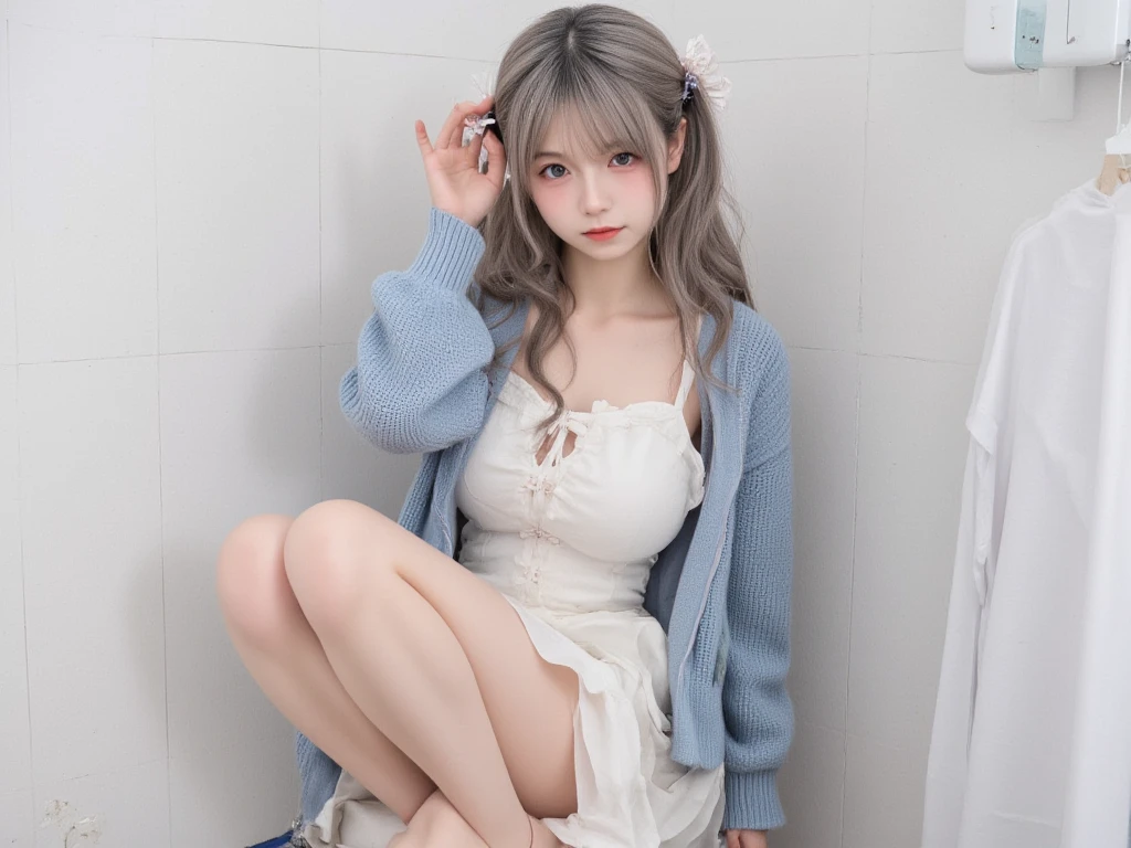 golden eyes，M-shaped bangs，Long gray hair，Pink heart glasses，Light blue fox ears and tail，Love shaped silly hair，Light blue maid outfit(sleeveless)，Dark blue shawl，Pixel whale headdress，Small fur ball earrings，Dark blue high heels，White knee socks