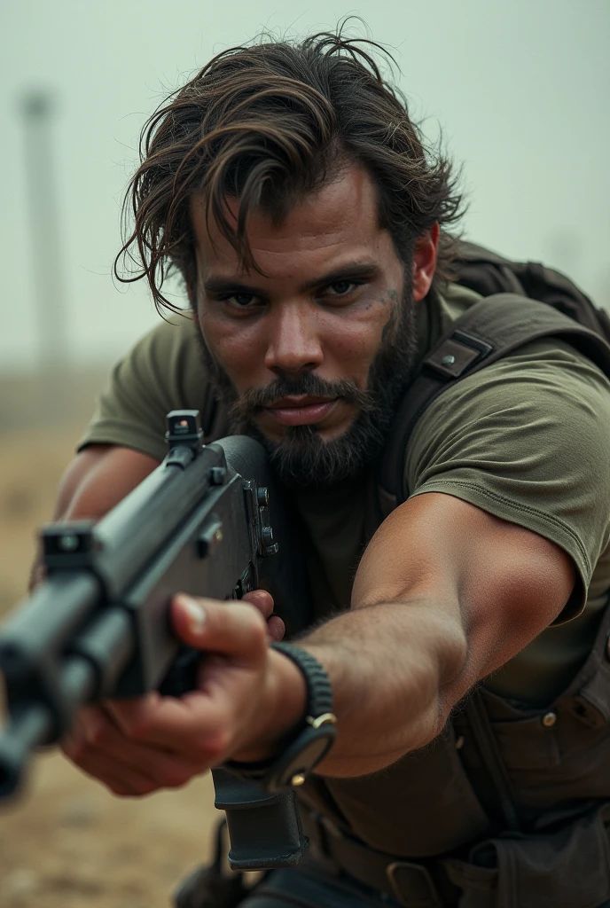 character who is a 32-year-old soldier in an apocalypse with wounds on his face and a little emaciated in civilian clothes and his military pendant