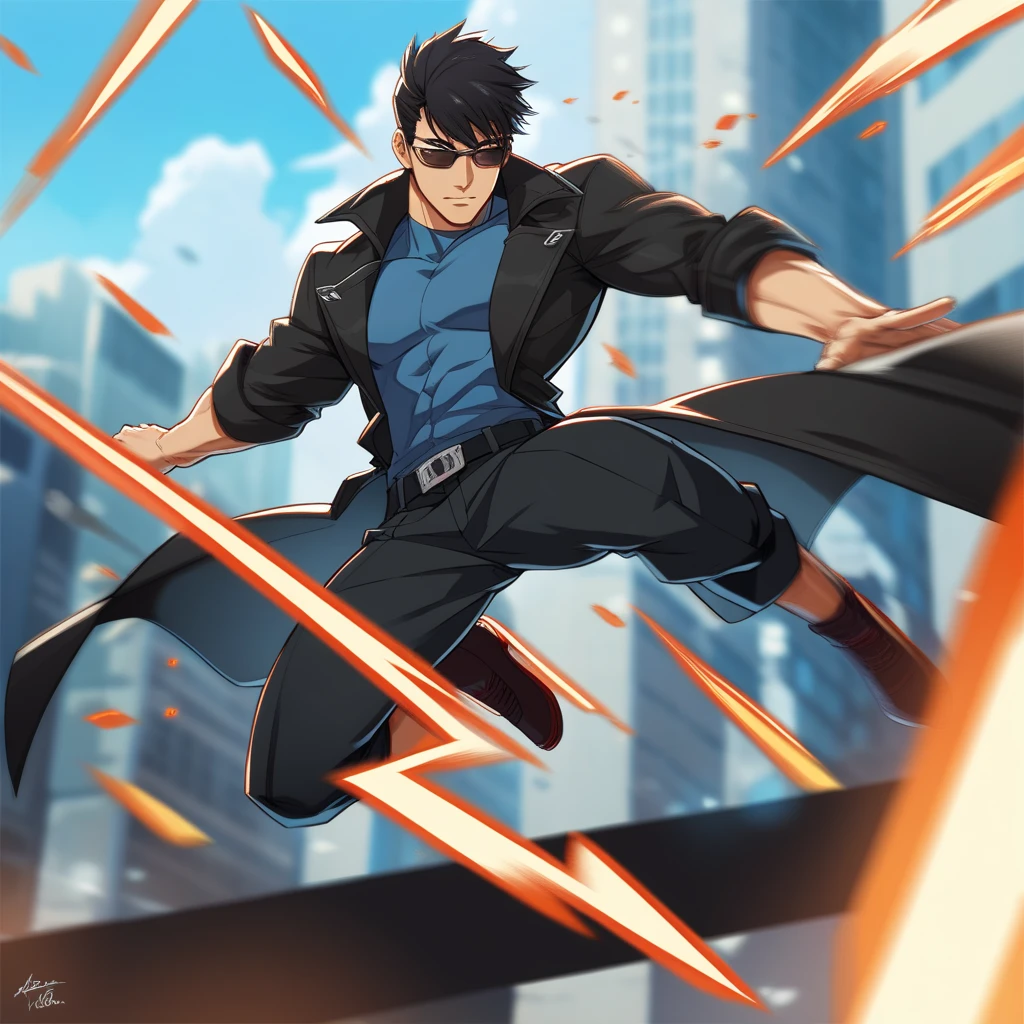 anime,  Motion Blur, Physics-Based Rendering, Slow Motion,  masculine man, towering height , strong manly muscle ,long muscular legs ,  tight-fitting yakuza style, open black trench coat, very tight, Assault Rifle, short black hair , combed back hair , Red eyes , sunglasses , 24 years old, Dynamic Pose, Firing bullet, Agile Movement, Focus Expression, Focus, Blurry Background, in the city, Neon Lights