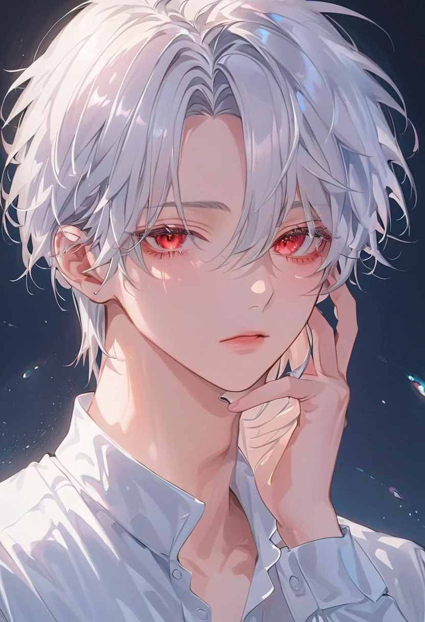"An ultra-high-definition, hyper-detailed anime-style illustration of a male character inside a laboratory. His striking red eyes shimmer with an intense yet melancholic glow, reflecting the dim laboratory light. His silky white hair, illuminated by soft highlights, cascades in delicate strands, each meticulously rendered with intricate detail as they gently flow around his face. His face is elegantly sharp, with high cheekbones, a defined jawline, and slightly parted lips that hint at a quiet sorrow. He wears a crisp white dress shirt, slightly unbuttoned at the collar, its fabric subtly wrinkled, enhancing the realism. The overall atmosphere is a blend of mystery and fragile beauty, evoking a sense of longing and enigma.",a dark background