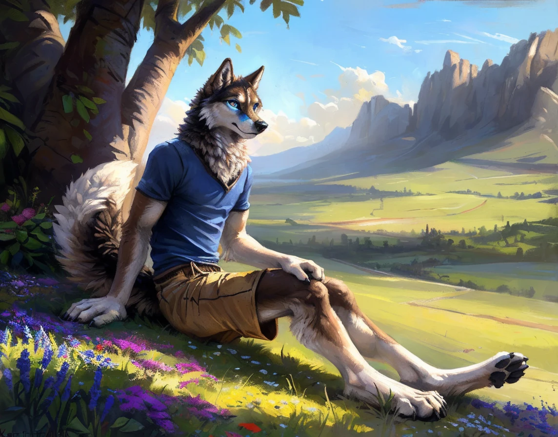 ((Solo)), male people, anthro wolf, (Multi-colored fur, Black-white-grey-brown:1.3), ((Wolf face, White hair, Big eyes, White eyelids, Blue pupil, Slim:1.2) (Tough, Calm expression:1.2)), Abs, Slim, pinging)), (Correct anatomy), (Work shorts:1.1), (Contour bone:1.2), The upper body is naked, (detailed outfits),large tail,Feet,(Realistic fur, Detailed fur texture, labeled:1.3)), (Natural lighting), Photorealistic, Hyperrealistic, ultradetailed, by Kenket,Endless grasslands