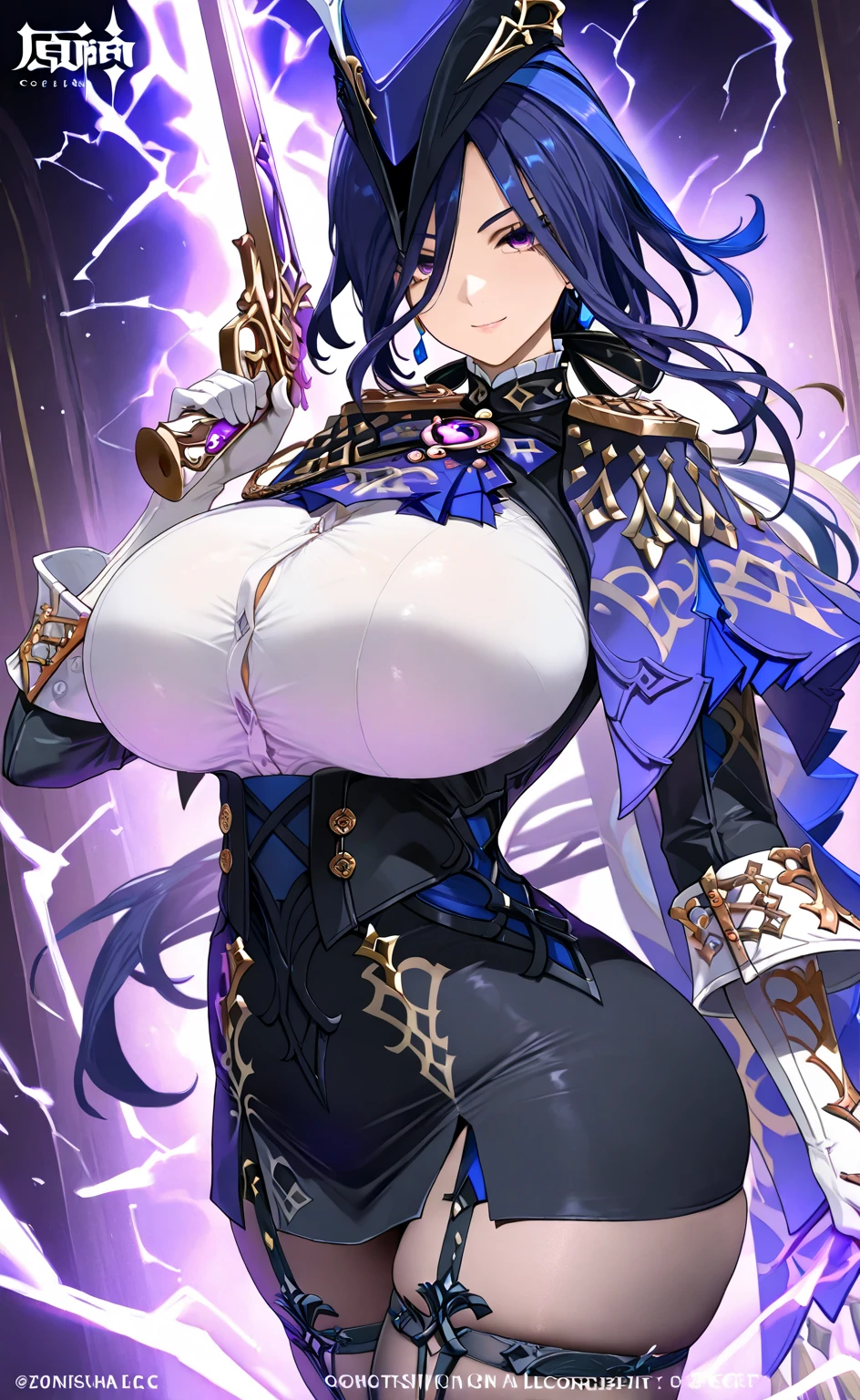 ultra-detailed,(best quality),((masterpiece)),(highres),original,extremely,(\you la\),blue hair,fullbody, sexy pose, (NSFW), anime, anime screencap, gigantic breasts, huge breasts, woman wearing full bodystocking, necromancer, raven, MILF, (very large breast), milf, (mature female), gloves, earrings, navel focus, capes, Elegant body, curvaceous but thin, the woman have beautiful detailed eyes, detailed textures, otherworldly ruins, fantasy, RPG, Dark atmosphere, extreme shading, masterpiece, best quality, milf, mature female, milfication, The armor covers her breasts and abdomen, ultra mega hyper ultra mega hyper ultra mega super big and beastly huge breasts.