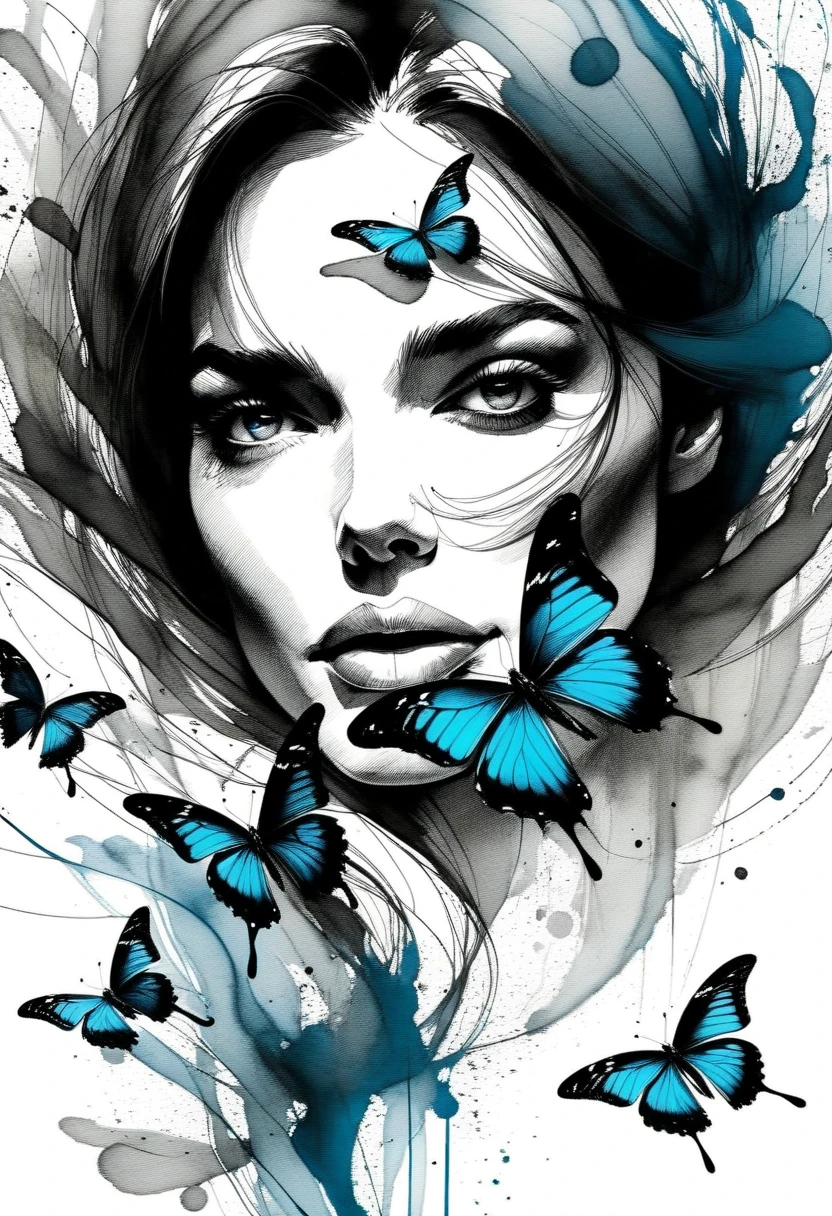 (Doubleexposure),1girl huge large breasts,White background,(solo),( Ink painting),The drops,(Butterflies),巨作,Best quality