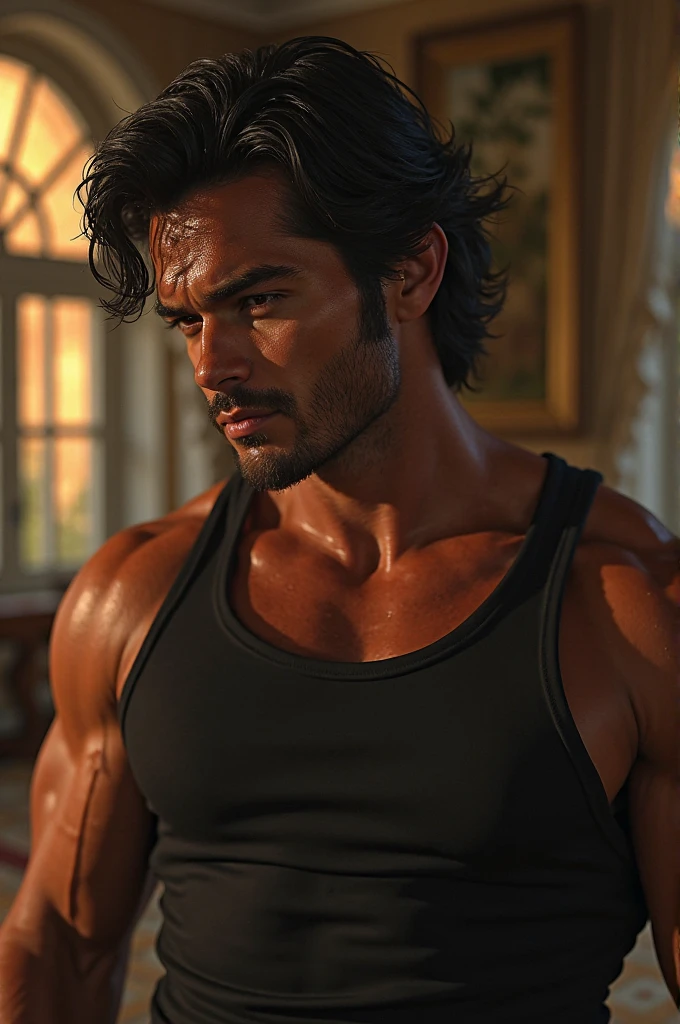 Blacksmith Vit, 18 years old, short black hair with a goatee mustache and with a serious look and a little middle age dark circles under the eyes, I have scars on my arm
