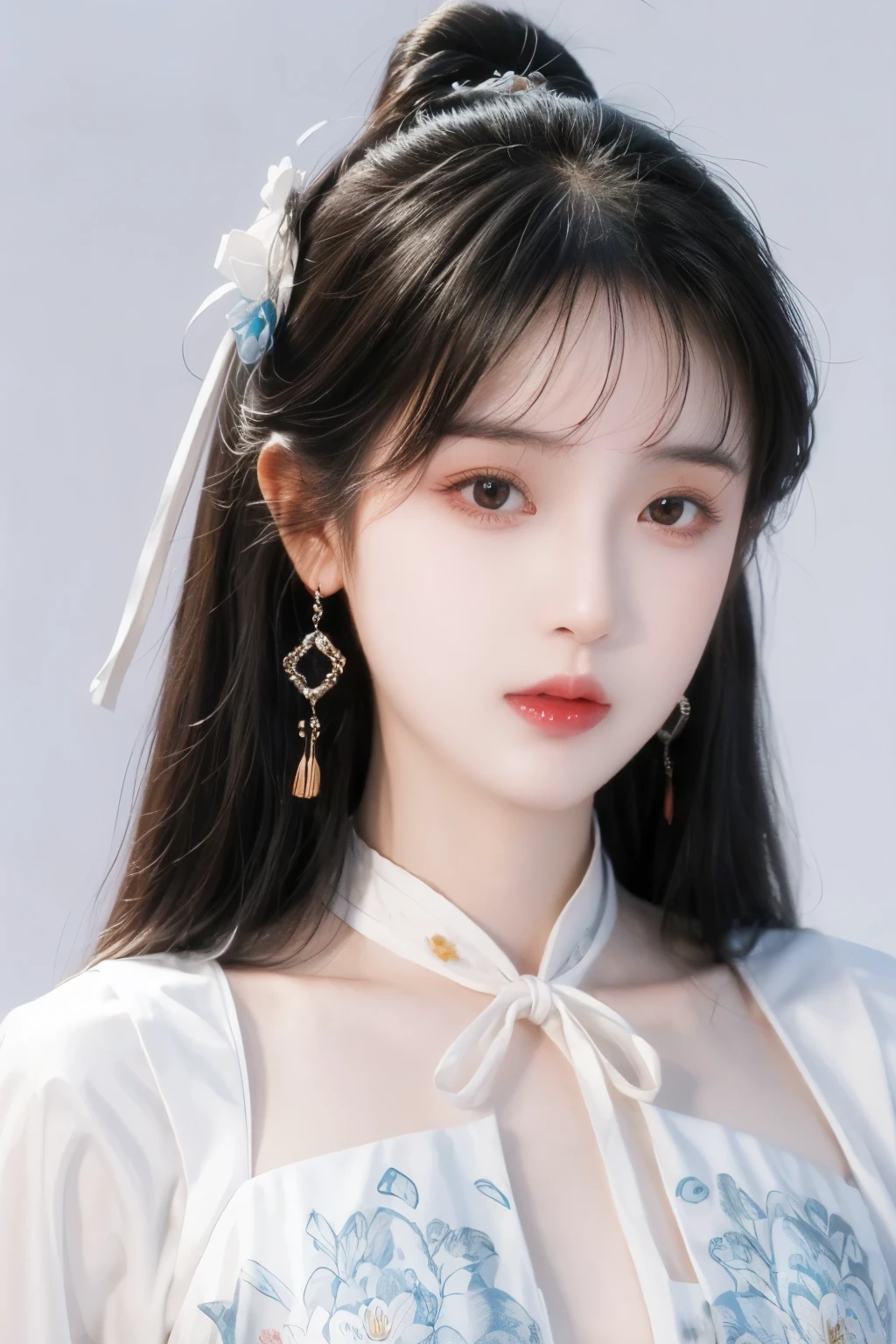 A beautiful girl in ancient costume, ((Pink and bright white outfit: 0.8)), Long, silky black hair, Headdress and necklace, beautiful small face thin eyebrows, The most beautiful and flawless face, really beautiful eyes, big round black eyes, Delicate and delicate makeup eyelashes, High 코, wearing earrings,small red lips, rosy face, big round breasts, firm breasts, breast augmentation,Slim and fit, Portrait of a beautiful girl, 8k photo, super High quality, surreal, 10x Super Pixel, picture 현실적인, dark studio, border light, two tone lighting, (detailed skin) High: 1.2), 8k uhd, dslr, soft light, High quality, volumetric lighting, candid, picture, High resolution, 4K quality, 8k, bokeh, soft and sharp, Pixel up 10x, (background space: 1.8), (Galaxy: 1.7), Aurora, Lightning, (Aurora 배경: 1.8),