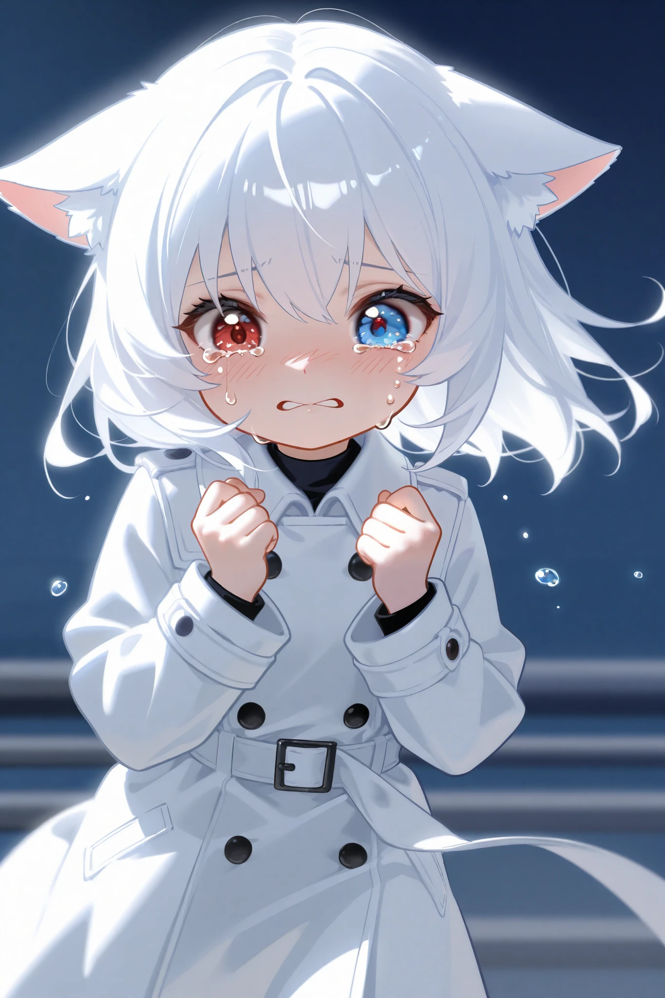 white hair , red eyes on the left,blue eyes on the right,Wearing a white trench coat ,Cat ear girl,cute anime image,tchibi,single girl,Crying in great pain