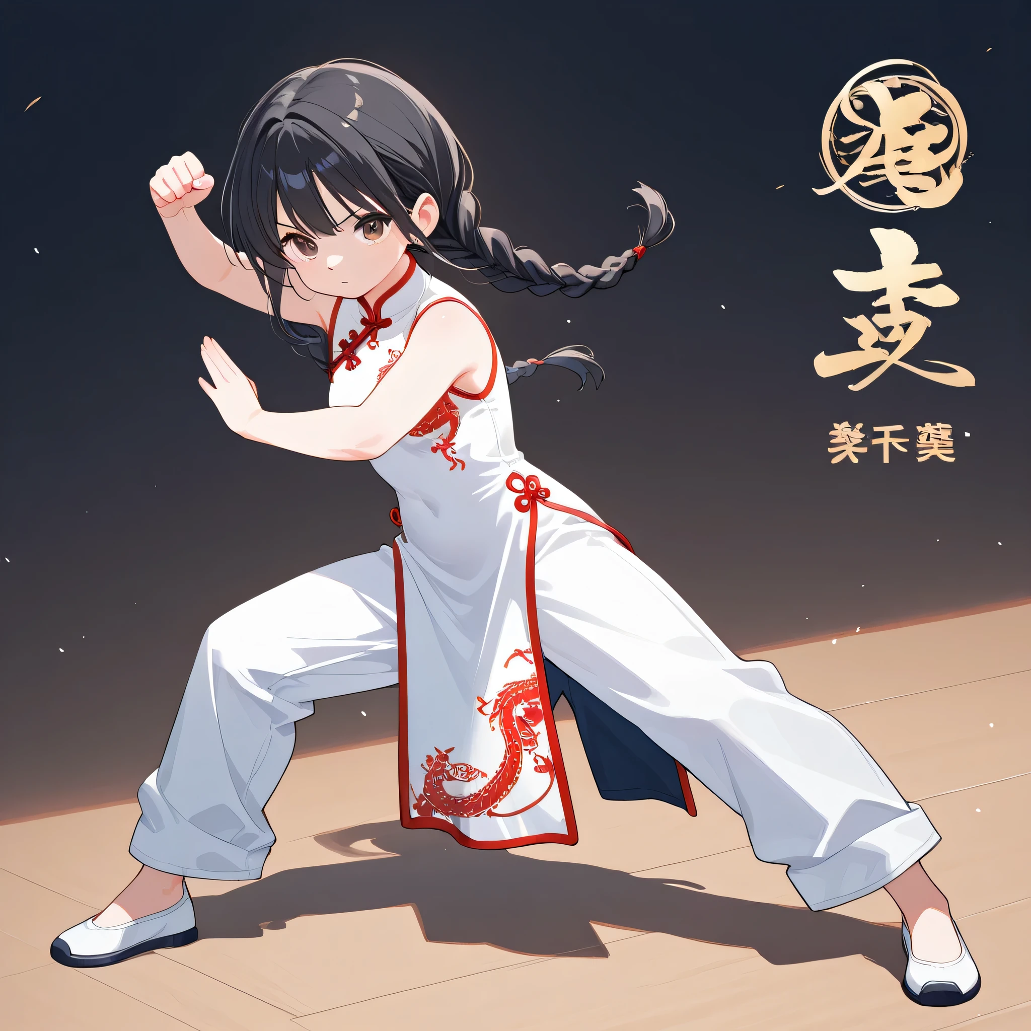 one girl、 black hair、braids、China dress with dragon embroidery、standing, Martial Arts Stance,dynamic pose,top quality、high definition