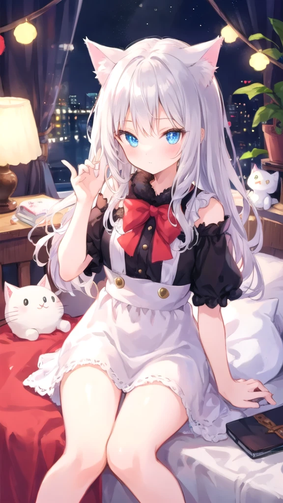 masterpiece, highest quality, beautiful, High resolution, perfect anatomy, highest quality、 8K、 red eyes, gray hair, long hair, A bunch of braids from around the eyebrows on one side, White cat ears, White cat tail, beautiful女の子、 nice、 beautiful髪、 beautiful目beautiful肌、beautiful合法的な腕、perfect fingers、 very cute、 very cute、I have a tool in my hand、Work clothes