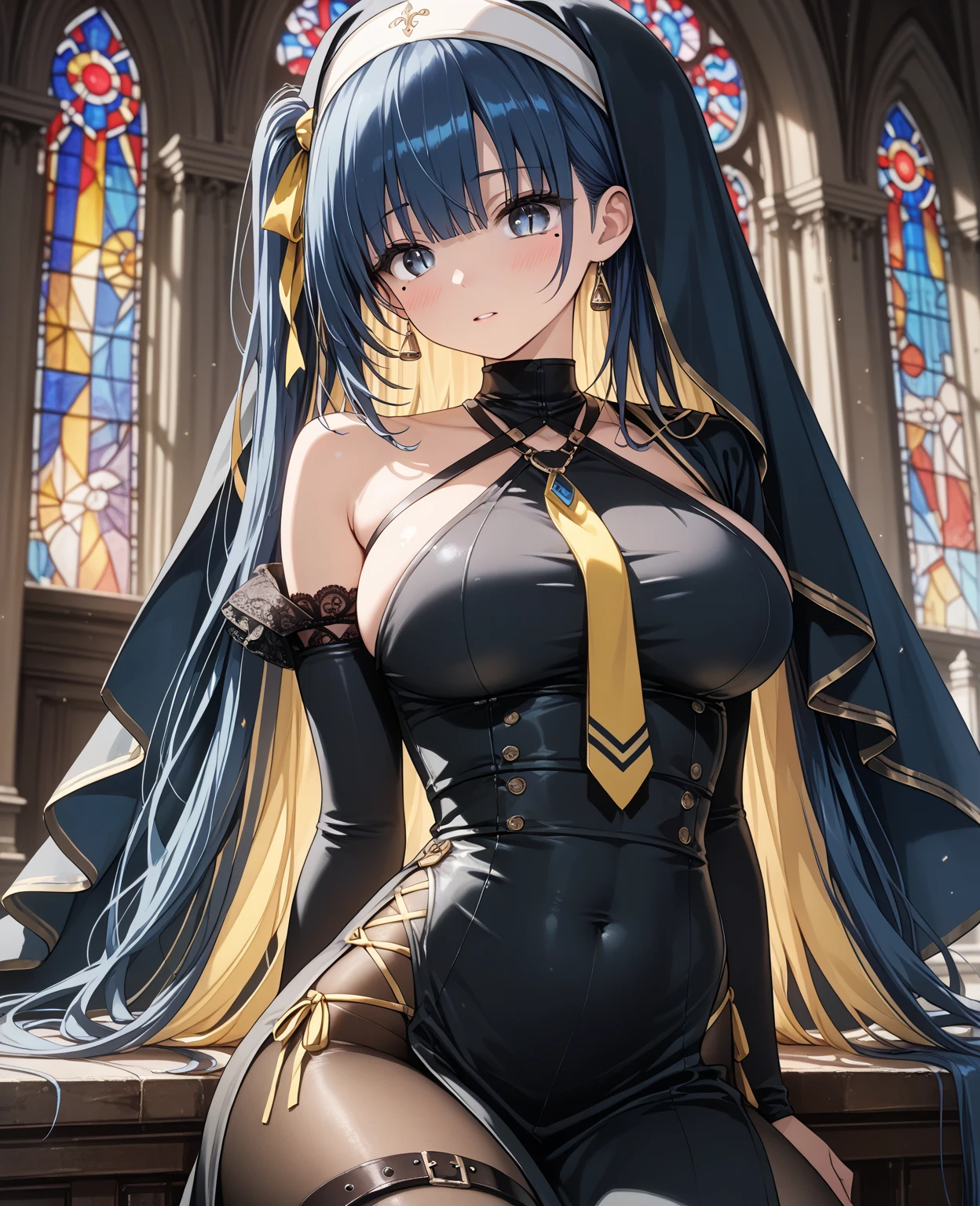 (Striped Hair, Messy Hair, Big Hair), (Expressive hair), Data Hair Band, Cinema Lighting, Bust Chart, First Person View, Ultra-high resolution, (((masterpiece, Textured skin))), (Super Detail), Attention to detail, high quality, ((最high quality)), 16K, Gothic Costume, Upturned eyes, cute, Frill dress, At the cafe,Long silver hair,blue eyes, (Big Breasts:1.4),,(((Nipples))),corset,Fine Jewelry,whole body