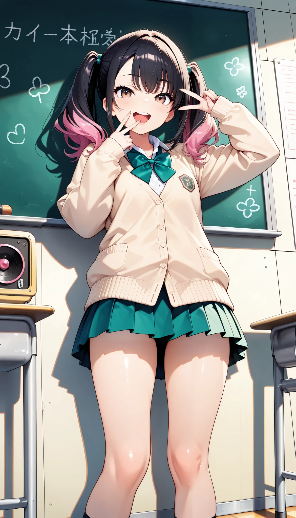 1 female, (Minami Yoshikawa), black hair with pink inner color hair, twin tails, asymmetrical hair, brown eyes, mole under the eye, slight build, laugh, open your mouth, V sign next to your face, beautiful shining eyes, glossy lips , very detailed目と顔, Long Lashes, perfect face, perfect hand, Perfect Legs, perfect fingertips, Beige Cardigan, shirt, bright green bow tie , closeup shot, standing, cute pose, ( Classroom Scenery :1.2, blackboard background , machine, chairs), (top quality:1.2, very detailed, CG illustration, masterpiece:1.2, Aesthetics at its best),