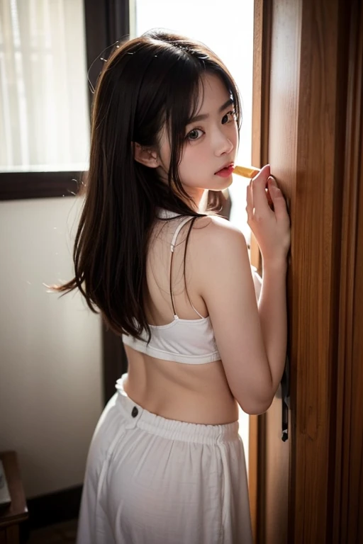 A girl posing in her room, seiza, Cute underwear is visible, ((Fashionable hoodies:1.3)), (Knee-high socks), Enchanting girl, ((15 year old beautiful girl, Baby Face, Idol Face:1.2)), Short Hair, Smooth and shiny hair, Beautiful and attractive teen, (Healthy and attractive girl), Smooth body, (Slender body line), ((Small and slender figure)), Narrow waist, (Small beautiful breasts, Small breasts, Sideboob:1.2), (Small beautiful butt:1.3, Realistic ass crack), (Slim and beautiful thighs:1.3), (highest quality, 8k, masterpiece:1.2), Ultra-detailed, ultra high resolution, (Detailed eyes and face:1.3), (Detailed hands and legs:1.3), (Perfect Anatomy:1.4), (Professional Lighting), (Accurate Shadows), (Photorealistic:1.4), ((View the viewer, Shy expression:1.3, blush:1.1)), (I can't see your back)