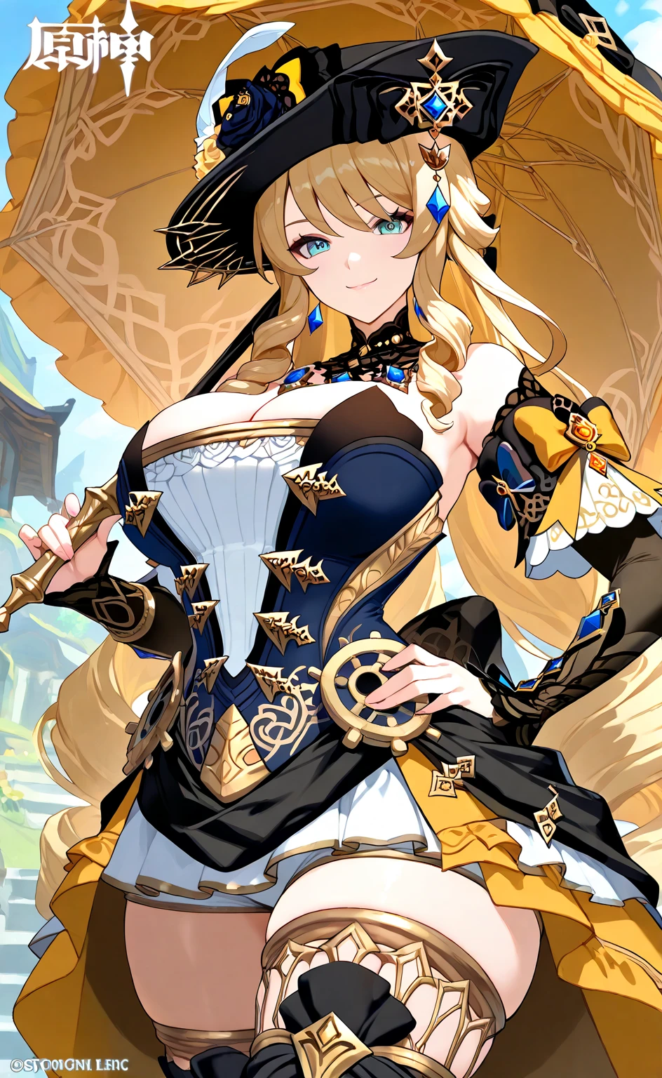 (masterpiece), best quality, expressive eyes, perfect face,1girl,navia,genshin impact,luxury house,dining room,gems in the air,(yellow magic wand),holding,holding wand,shy smile,blush,cowboy shot,glowing eyes,big breasts,cleavage,long hair,(criss-cross halter top),bare shoulder,(magical girl:1.6),(navel),(frilled layered skirt),thighhigh stockings,studio lighting,(sparkle:0.9),(glitter:0.9)