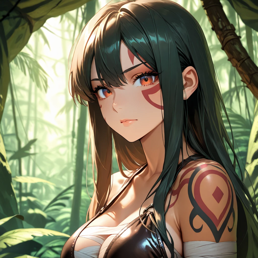 1 girl, high resolution, looks at the viewer, Artistic, ray tracing, an amazon, in the jungle, big hidden in a leather bandage, in tattoos, clothes like Robinson
