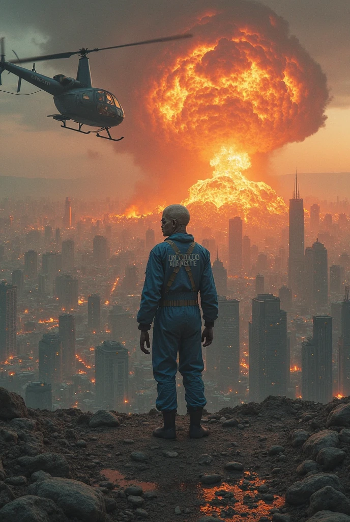 Masterpiece, best quality, (very detailed CG unit 8k wallpaper) (best quality), (best illustration), (upper body), (best shadows) a man with gas mask looking at a gigantic explosion in the city, radiation, ray tracing, ultra detailed, --v6
