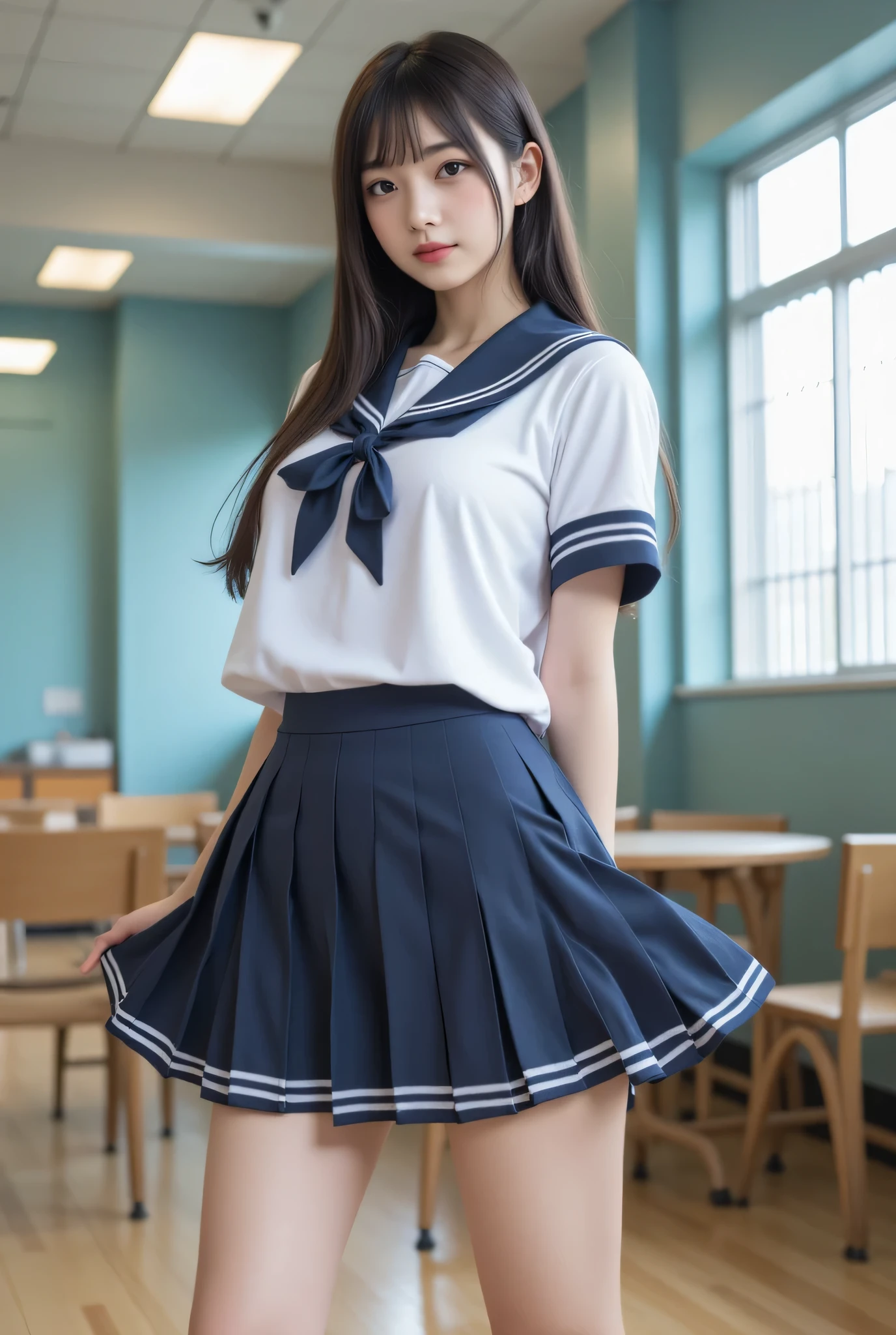 top-quality,ultra-detailliert,masterpiece,realisitic,Photo Real,Bright lighting,1 girl in, an extremely beautiful -yeld gi (kawaii:1.2),Thin smile, (Brown eyes),(Black hair),(bangss),perfect glossy skin,flawless skin,((erotick,Sexy and sexually explicit)),((accurate hands without incongruity)), large full breasts,big breasts thin waist, Look at viewers,((a sailor suit)),((Short sleeve uniform white shirt)),(red necktie),((Blue Mini Pleated Skirt)), sockes, (Black knee socks),(Loafer shoes), during daytime,