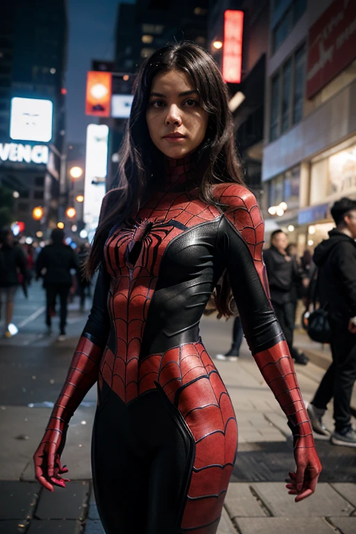 1 girl, gigantic breasts, solo, spiderman, city, night, distance, nightlife, full_suit, spiderman mask, (realistic, realistic_background, high_resolution, distinct_image:1.2), (extremely intricate, detailed light, detailed shadow:1.1), (F4, 1/800s, ISO 100, RAW)