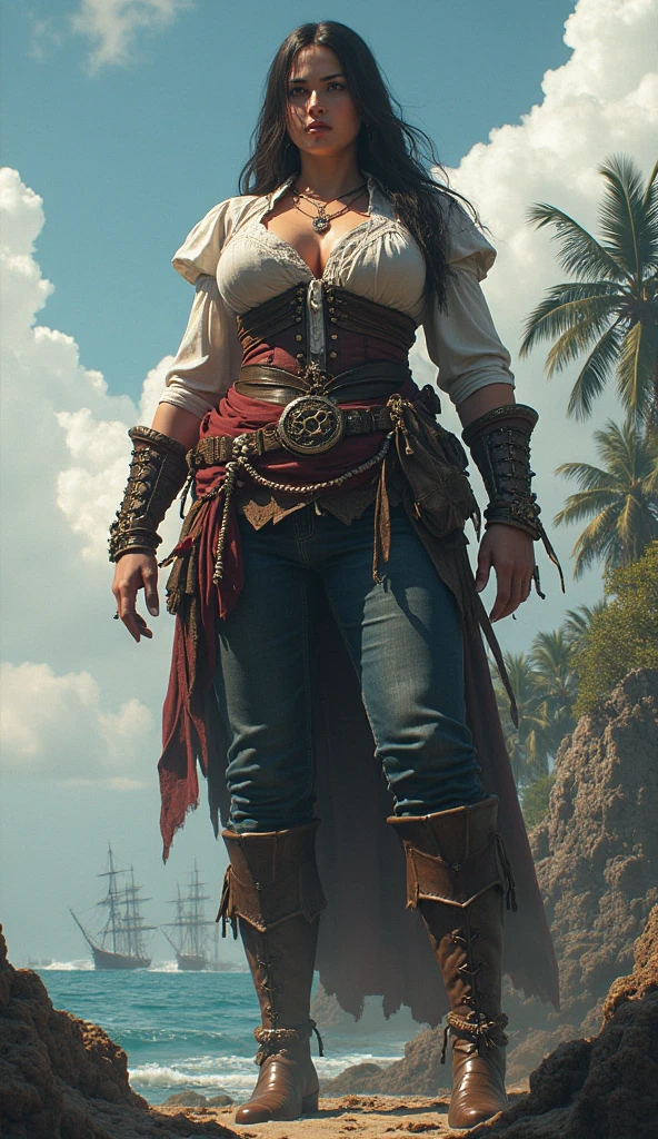 [ AssaBlackFlagBonny],[cleavage],Anne Bonny from Assassin's Creed Black Flag,[pirate],[caribbean],4k,sharp image,detailed