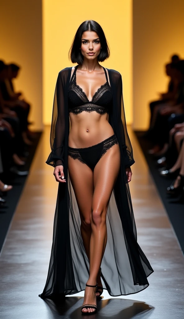 A sultry, female model illuminates the Milan Fashion Show runway, her outfit a creative reinterpretation of the classic Dita Von Teese style. The ensemble features a black, form-fitting dress that blends burlesque elegance with modern sophistication. The dress, with its plunging neckline and fitted waist, adds a contemporary touch to the look. Paired with a pair of black stilettos and a bold, red lip, the outfit is a bold statement of burlesque elegance. Her hair is styled in a sleek, retro wave, adding a vintage touch to the look. The environment is a luxurious, modern studio, with a captivated audience watching in awe. The mood is one of daring audacity and youthful energy, captured in a modern, graphic illustration style, using monochrome colors and sharp lines to emphasize the model's confidence and the outfit's conceptual design