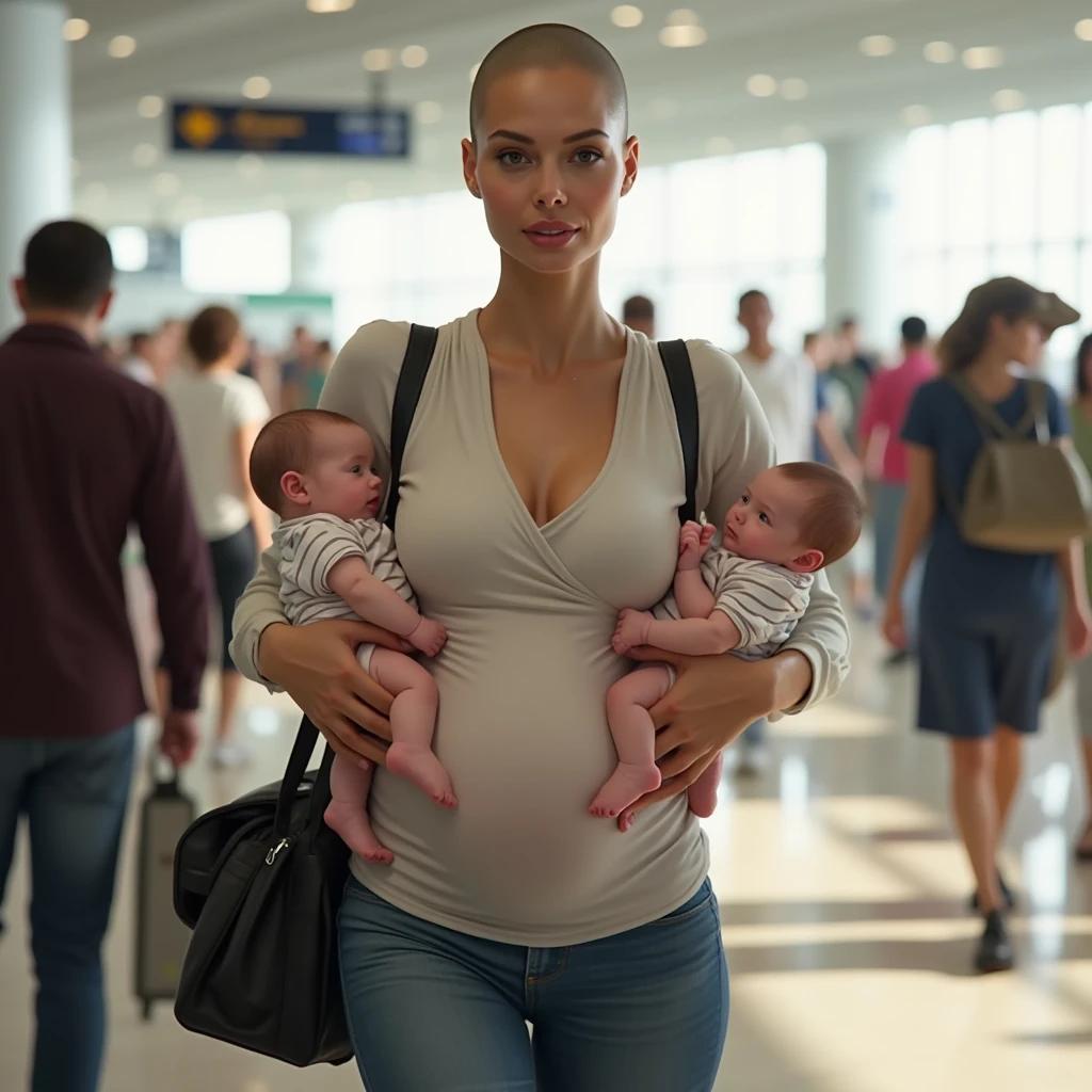 airport。Beautiful woman。Blonde。naked。Big Breasts。Holding a baby。Holding a baby。Holding a baby。Walking。Hairy。