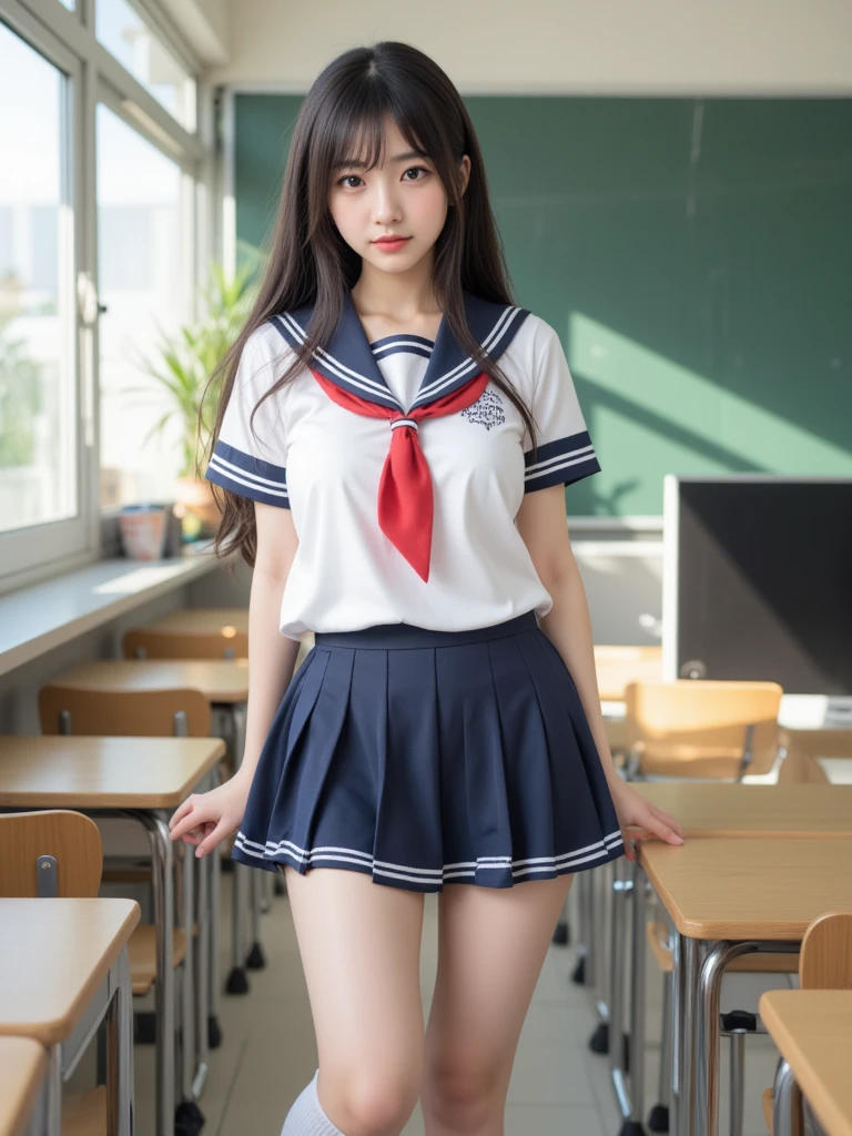 8K, highest quality, real image, intricate details, Super detailed, ultra high resolution, depth field,(realistic,realistic:1.2), (small breasts:1.2), japanese girl, very beautiful girl, (beautiful breasts:1.5, highly detailed eyes:1.2), (beautiful breasts:1.1), bangs, perfect skin, Fair skin, tight waist, looking at the viewer, black hair, hair behind the ear, shoulder hair, long hair, no makeup、in a high school classroom, During class, (smile:1.2), (high school sailor suit:1.2), (navy pleated skirt:1.2), Sit next to the viewer