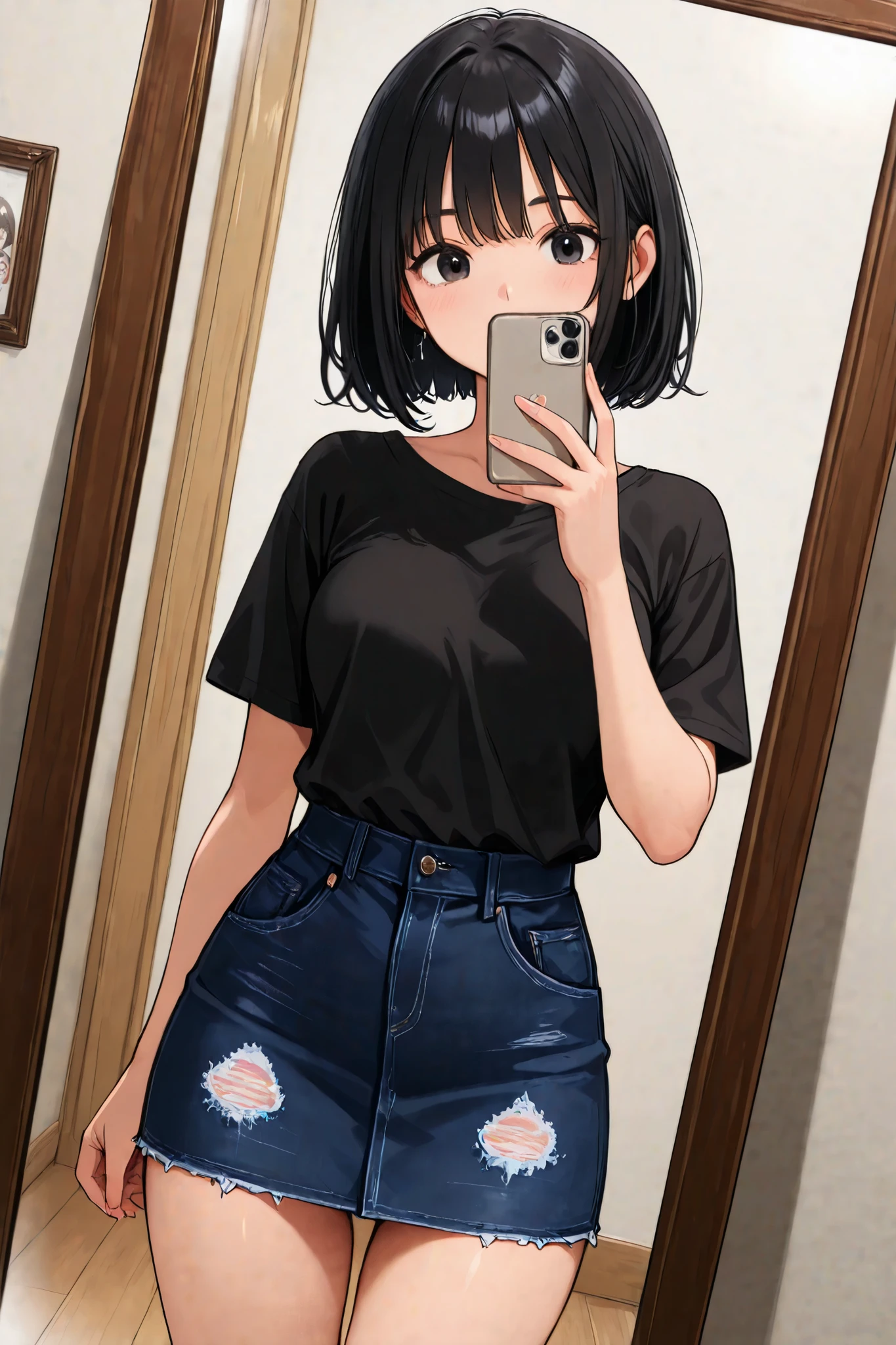 Mexican girl, short black hair, dark eyes, she's wearing the black cropped, denim skirt, selfie mirror