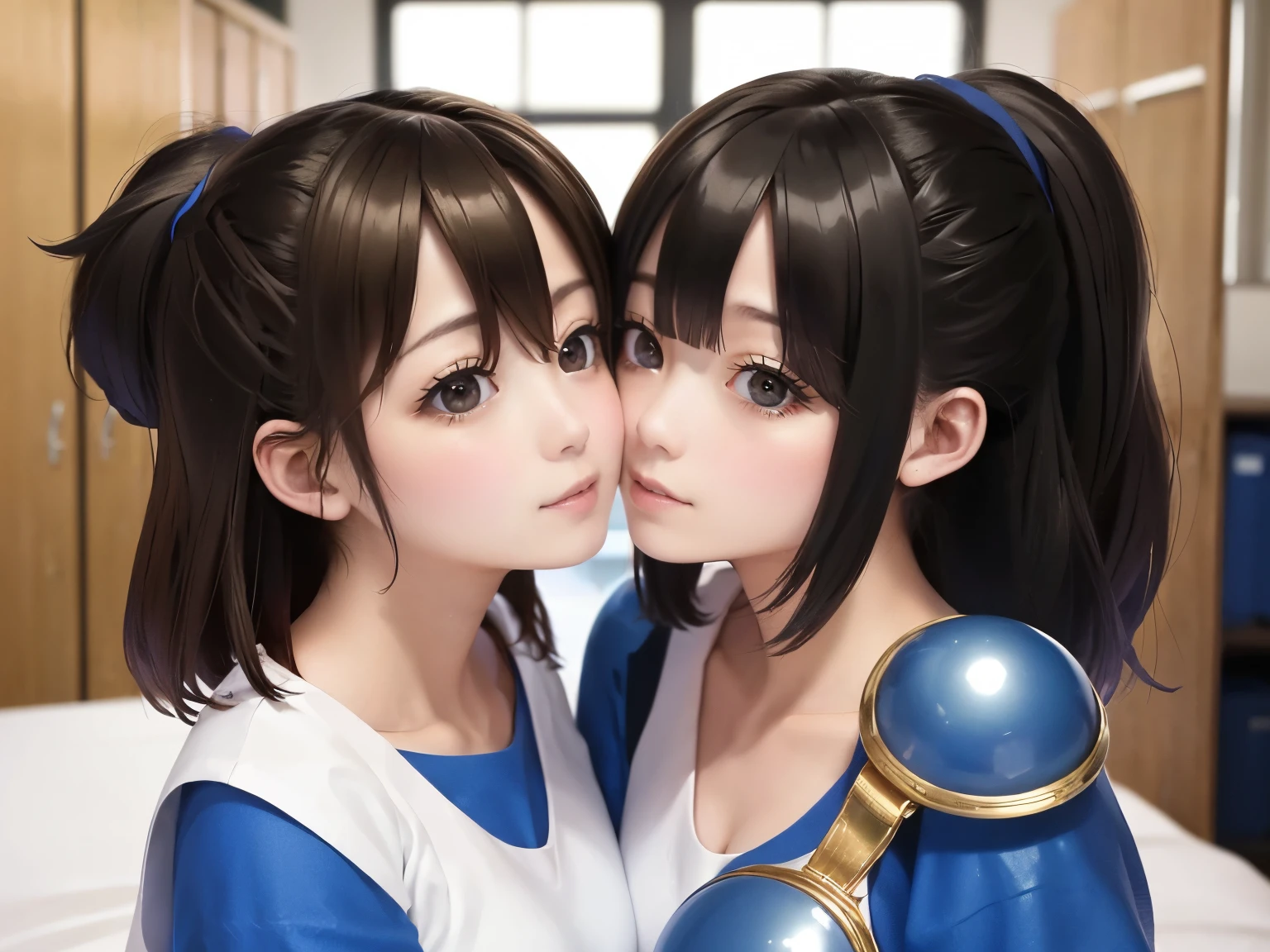 locker room,、Move、 Two 、(Thin:1.5),( Big Breasts),( black hair、long hair per person),( Ki on a bed with large windows,(8k), super real , 最 high quality , high quality , high definition, high quality なテクスチャ, high detail, Beautiful details , fine details, highly detailed CG, Two women kiss , Realistic facial expressions , masterpiece, ),Shy、The two of them are opening their crotches