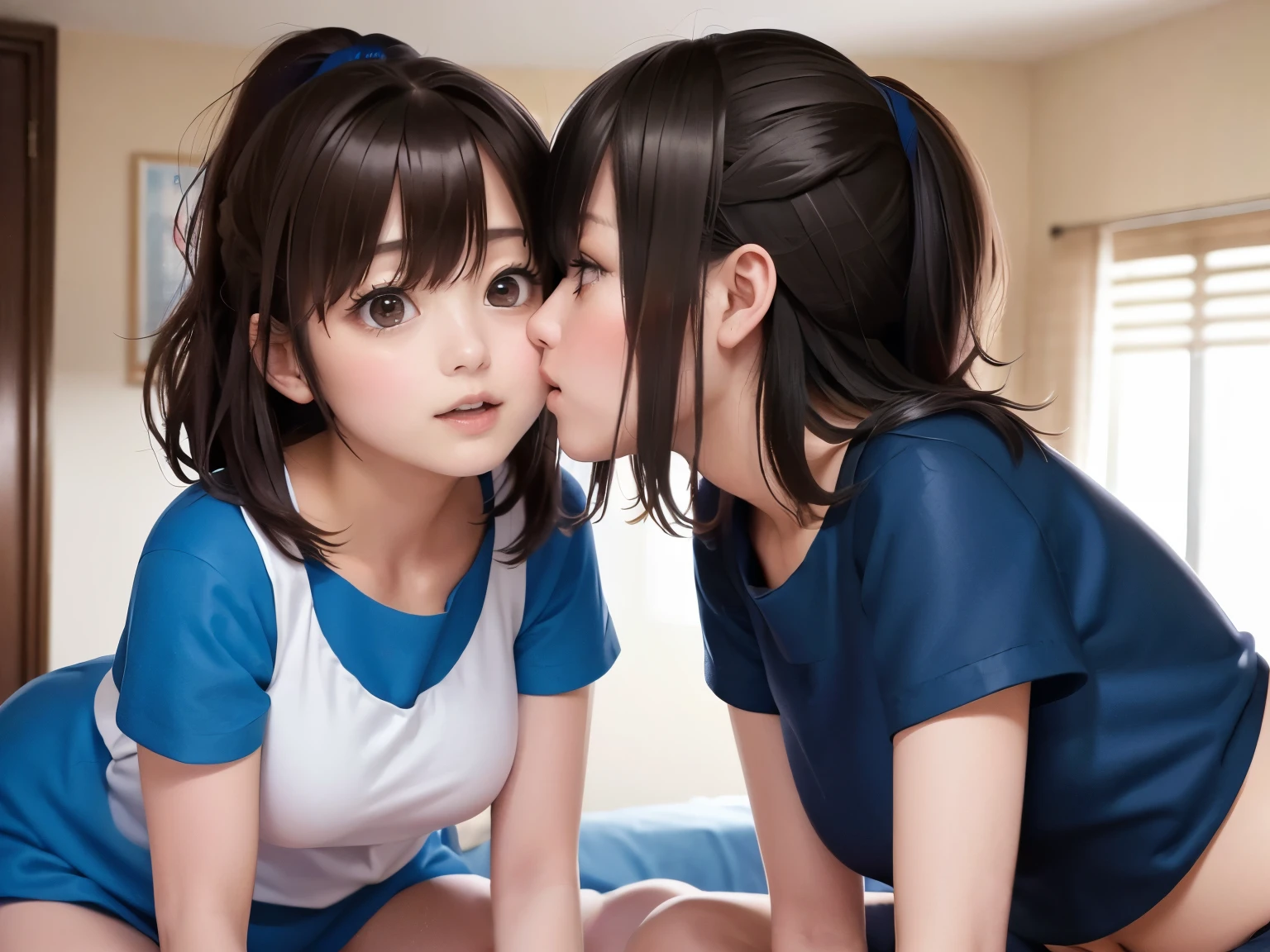 locker room,、Move、 Two 、(Thin:1.5),( Big Breasts),( black hair、long hair per person),( Ki on a bed with large windows,(8k), super real , 最 high quality , high quality , high definition, high quality なテクスチャ, high detail, Beautiful details , fine details, highly detailed CG, Two women kiss , Realistic facial expressions , masterpiece, ),I'm ashamed、The two of them are opening their crotches