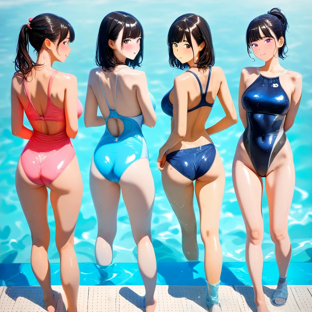 (((masterpiece, Highest quality, High resolution, 超High resolution, Perfect Pixel, Depth of written boundary, 4K, RTTX 10.0))), Beautiful Anime Woman, Beautiful art style, Anime characters, ((Smooth texture, Realistic texture, Anime CG Style)), Cinematic, Realistic, Extremely detailed CG, Daytime lighting, Perfect lighting, Best Shadow, The best natural light, ((Back view of five women wearing panties standing side by side, Only the butt:1.8)), (Sexy and cute blue panties, Sexy and cute red panties, Sexy and cute white panties, Sexy and cute light blue panties:1.3), (Stylish shiny satin panties, Side-tie full-back panties, Panties with lace trim:1.3), (Thin panties:1.3), naked, Ass in panties, Angle from directly behind, Close-up angle of the butt, Brown Hair, (Poolside:1.3)