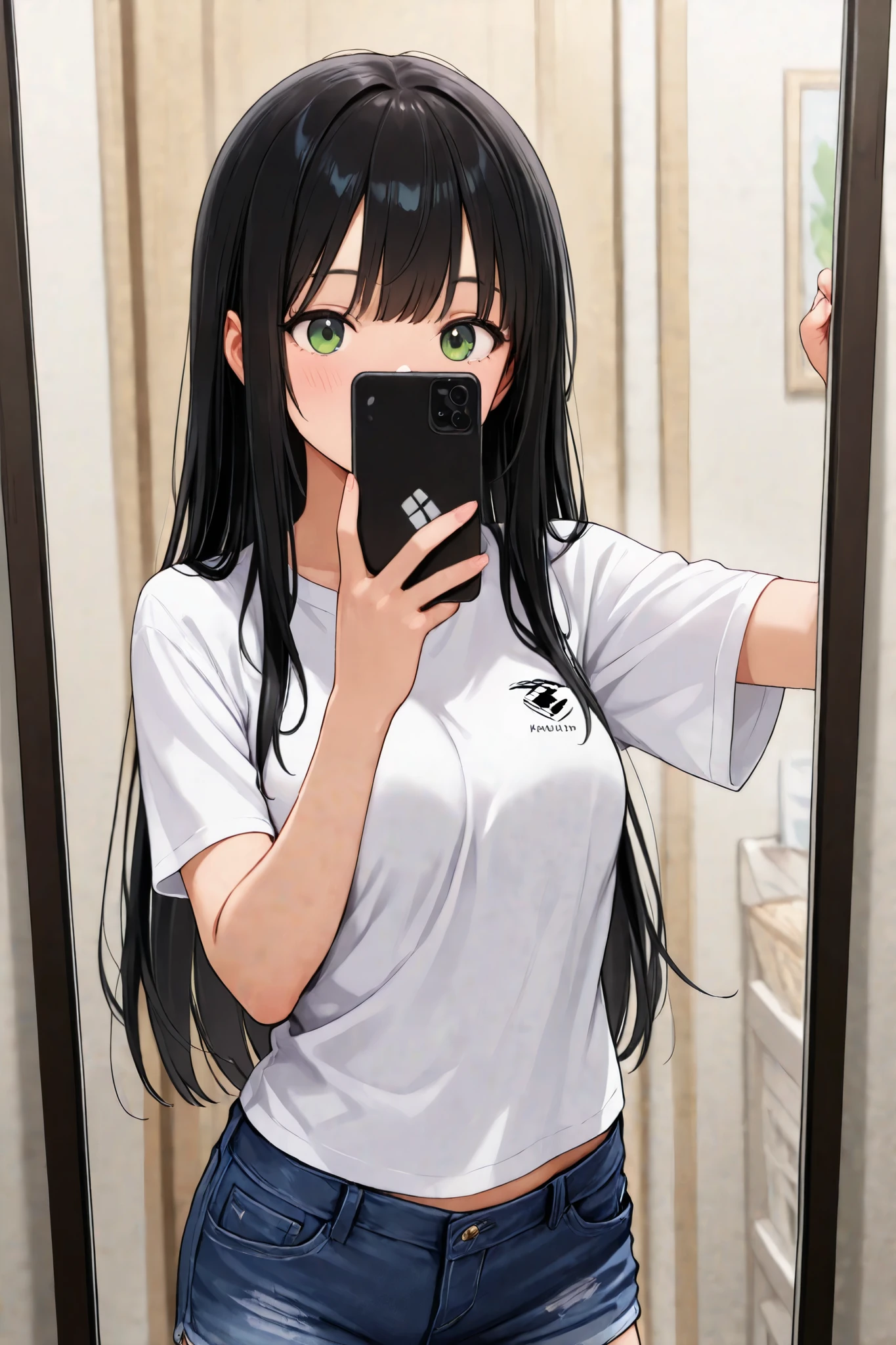 German girl, long straight black hair, green eyes, she's wearing the soccer team cropped, shorts jeans, selfie mirror