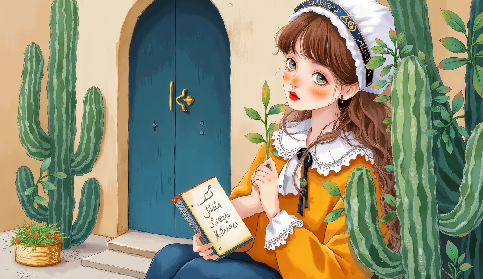 a side view image of a young arabic muslm girl sitting in a an old arabic style room made of mud and clay the roome has some green plants in it she is is writing something in her notebok, during the blue haze of the night.,Moe Anime Beauty Eyes she represent palistinaian culture