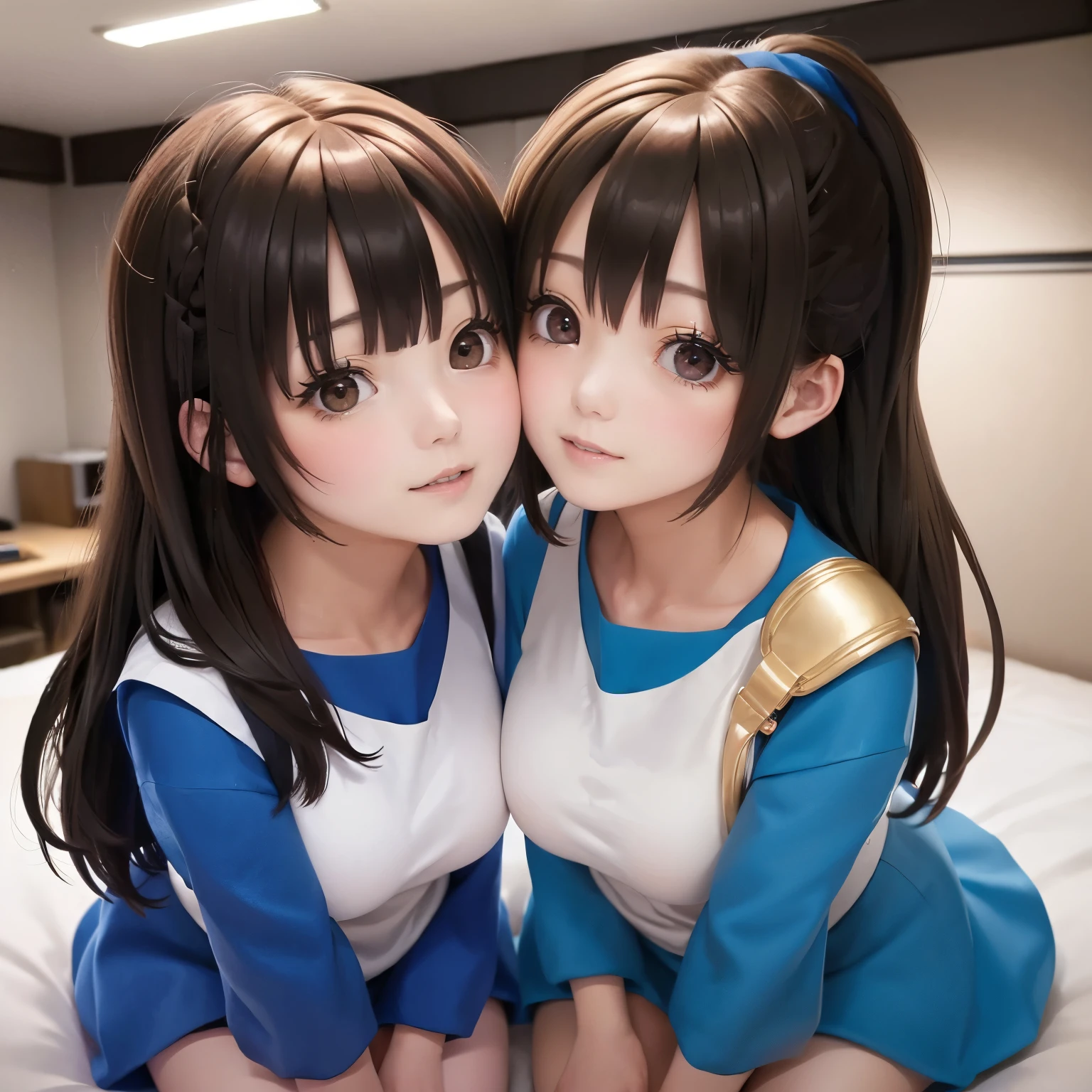 locker room,、Move、 Two 、(Thin:1.5),( Big Breasts),( black hair、long hair per person),( Ki on a bed with large windows,(8k), super real , 最 high quality , high quality , high definition, high quality なテクスチャ, high detail, Beautiful details , fine details, highly detailed CG, Two women kiss , Realistic facial expressions , masterpiece, ),Shy、The two of them are opening their crotches