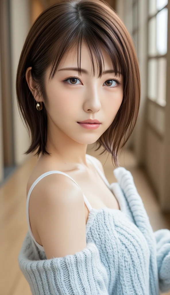 (Bob Cut Hair:1.2),(Wearing a blouse:1.2),1 person,Japanese,21 years old,(Small breasts:1.3),(Highest quality,masterpiece:1.3,Ultra-high resolution,),(Very detailedな,Caustics),(Realistic:1.4,RAW shooting,)Ultra-Realistic Capture,Very detailed,High resolution 16K human skin closeup。 Natural skin texture、,pores、、It needs to be detailed enough to be easily identifiable。 Skin tone is even and healthy looking。 Use natural light and color, Happy expression, Looking into the camera, Perfect dynamic composition, Outdoor、Cleavage、sheer、Earrings
