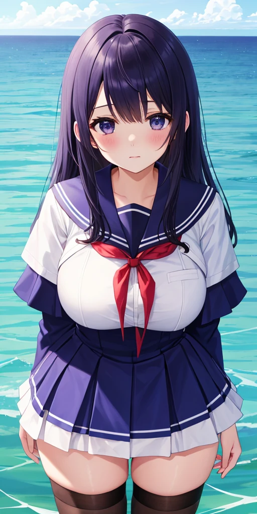 1 girl, detailed blue eyes, lange wimpern, detailed beautiful face, 4k quality, (Long black hair:1.4), (arms behind back:1.6), gefesselte Arme, Red rope, (blushing:1.3), (Big boobs:1.2), (weißes Hemd mit schwarzer krawatte, black skirt, school girl, 18 jears old:1.6), OTN, Gag, gagged, shibari, liegend im wasser, nah aufnahmen, wet skin, laying in beach water, liegend