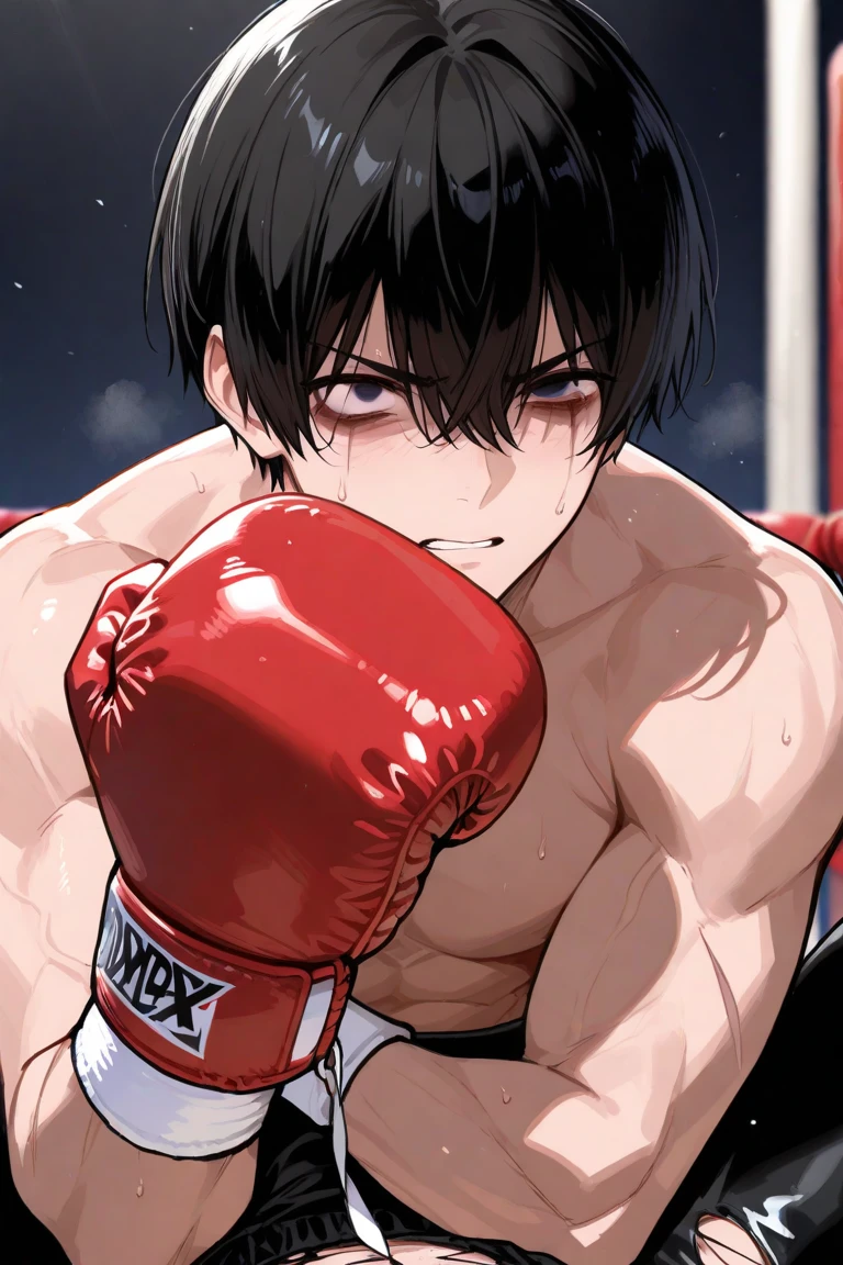 Korean boy boxer, anime styling, wearing no shirt, pubic hair on display, blood in mouth