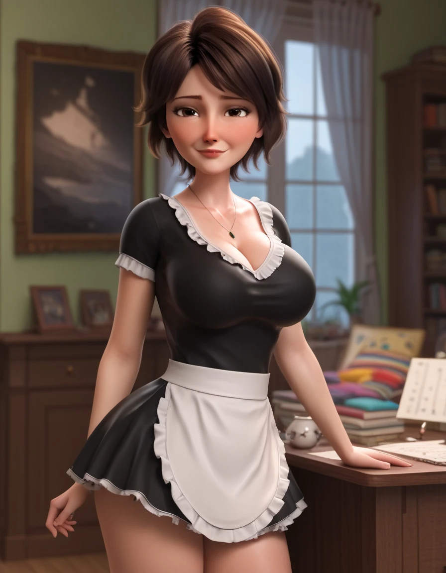 HelenParr, beautiful face, (large breasts:1.2), portrait, (art by Jeremy Lipking, Dean cornwell, Charlie Bowater), smiling, button up shirt, collar, chino pants, looking at viewer, midriff, kitchen,    <lora:HelenParr-000003:0.9>