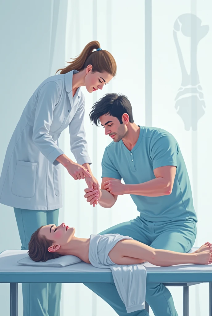 Physiotherapist flexing a patient's arm
