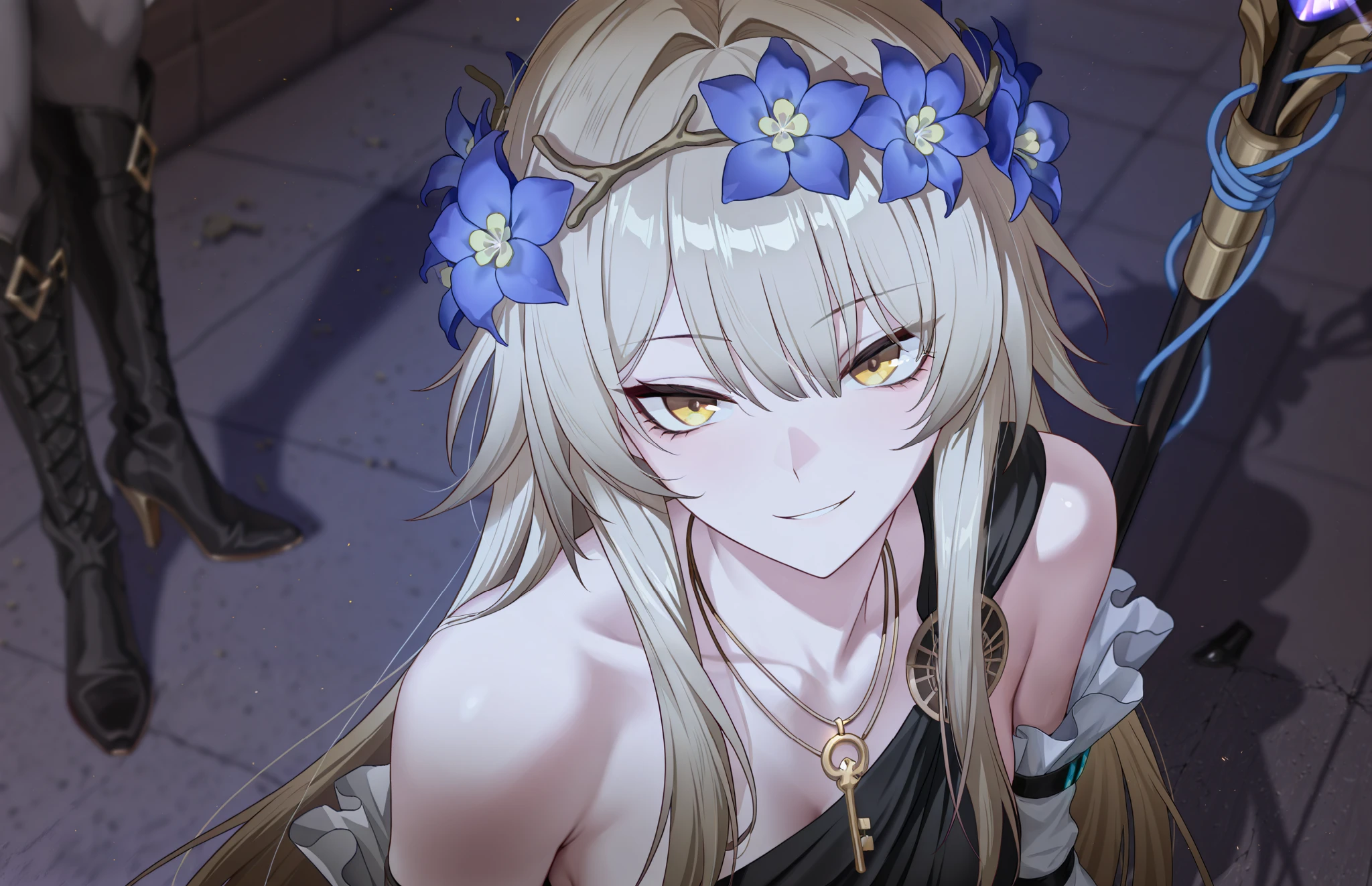 by [arknights|(748cmstyle:0.5)], (masterpiece, best quality, amazing quality, very aesthetic, high resolution, ultra-detailed, absurdres:1.2),
1girl, woman, solo, (upper body focus, face focus, expressive, medium shot:1.2), THEHEITA_\(honkai_star_rail\),golden eyes,blonde hair,long hair, black dress, detached sleeves,bare shoulders,gray pantyhose,key necklace,frills,asymmetrical boots,knee boot,high heels, ancient greek clothes, greco roman clothes, flower crown, white mage staff, smirk, tsurime, magical glowing rope binding her,
BREAK, depth of field, volumetric lighting
 