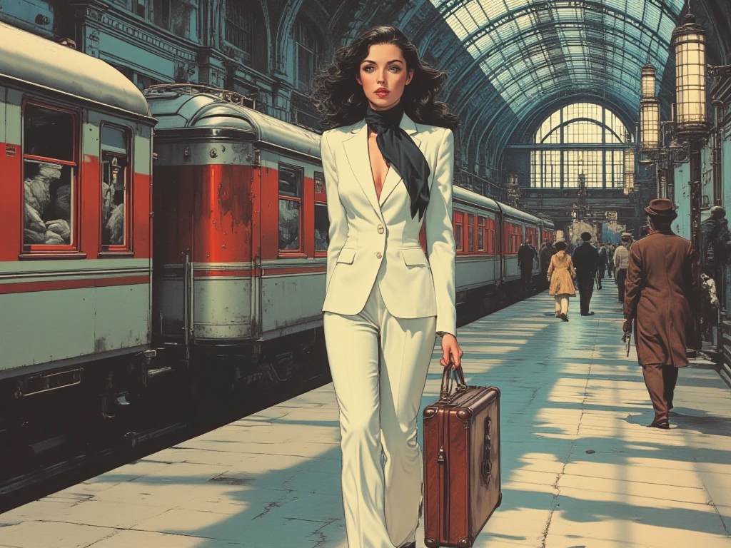 glamorous photo of Vintage Americana aesthetic, a deserted train station platform with peeling paint and broken clocks, a charismatic El Salvadoran woman in a long coat waiting for a train that may never arrive, vibrant colors, stunning background. dark and moody, a mesmerizing blend of light and shadow. masterpiece, absurdres, intricate details, high fashion, luxurious, extravagant, stylish, sensual, opulent, elegance, stunning beauty, professional, high contrast, detailed