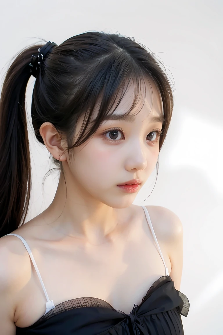 one person、16 years old、Full body photo、slender、woman、White drool coming out of the mouth、Twin tails、 Fair skin, messy hair, super cute、Soft and Face、8k resolution、Surreal、Ultra high definition、 A-cup small breasts（（Highest resolution、8k、masterpiece：1.3））、Ultra-fine face、Ultra Fine Lips、Beautiful Eyes、double eyelid,Light blue wall、Navy blue bandeau dress:1.1、Thighs、thin,Thighs are visible、Shapely small breasts、