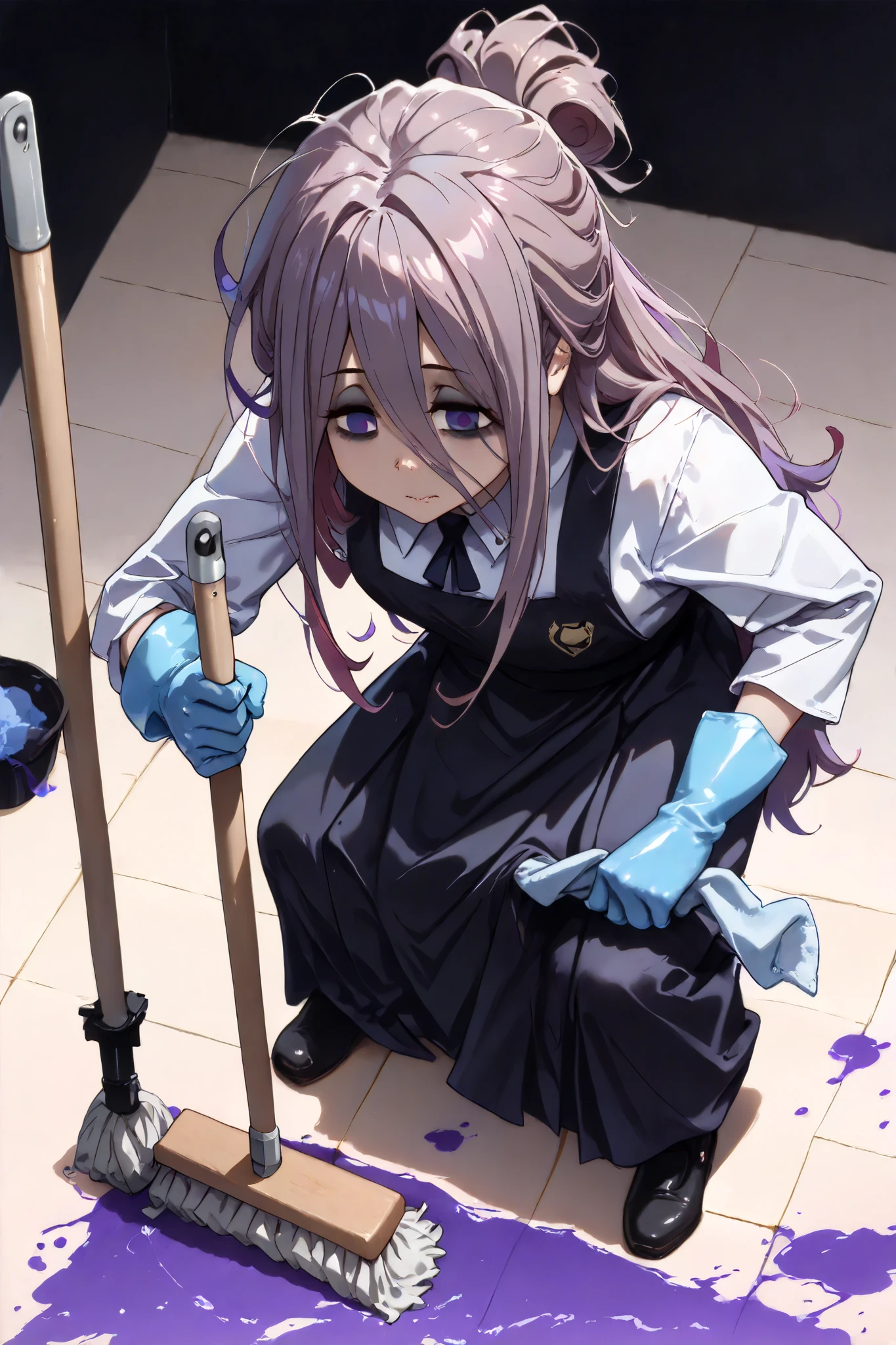 a cleaning lady with an unhappy look stands leaning slightly forward  , CCCPuniform , Rubber gloves , mop , ((purple shape color)) , cleaning equipment , dark simple background , ((((purple hair)))) , (((long disheveled hair to the floor))) , hair disheveled in different directions, Sucy Manbavaran hair , ( bangs cover eyes ) 