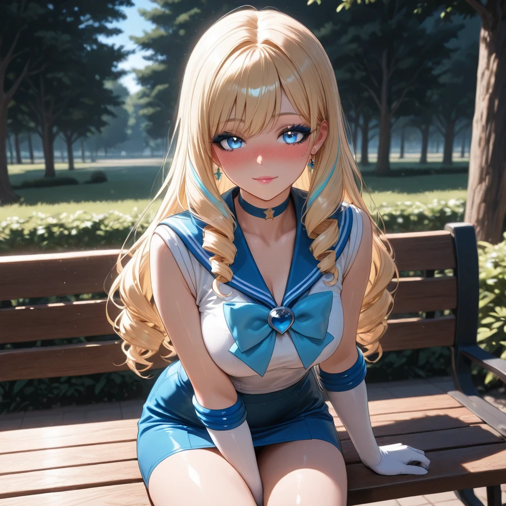 a woman with long blond hair and blue shirt is posing for the camera, the anime girl is squatting, sitting on a male member already penetrating her vagina, blonde anime girl with long hair, Oppai, seductive anime girl, anime best girl, anime look of a beautiful girl, a juicy human-like peach, screenshot from guro anime, anime look of a young girl, a hyperrealist