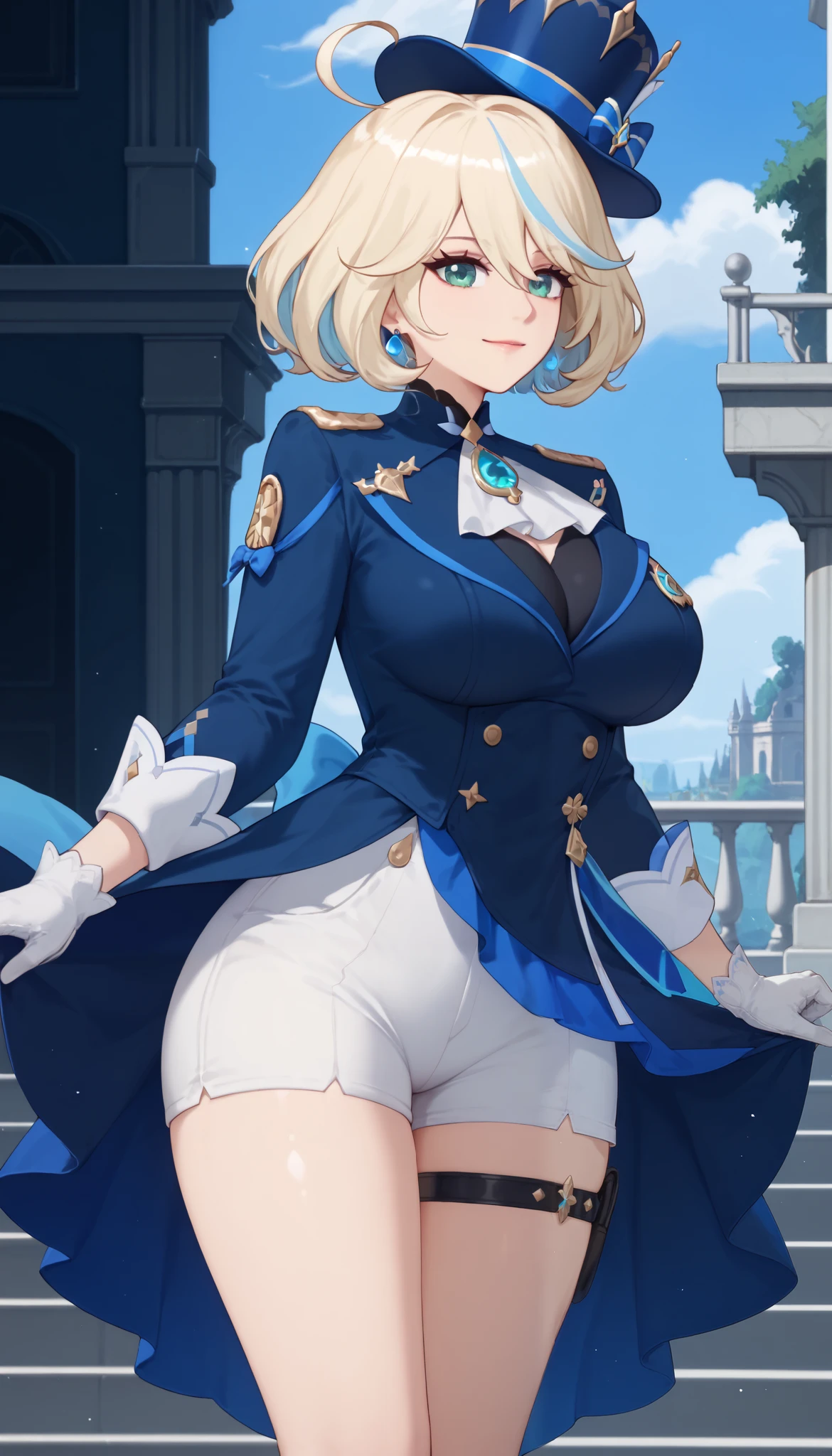 score_9,score_8_up,score_7_up,score_6_up,score_5_up,alienquestellen,short hair,blonde hair,curvy,huge breasts,bubble butt,ass visible through thighs,outdoors, smile closed mouth ring earring large breasts huge breasts from , green eyes , ellen alien quest eve ,,,,, brooch, ahoge, top hat, jacket, black gloves, blue headwear, furinadef, furinarnd, white gloves, thigh strap, ascot, black footwear, black glove, long sleeves, white shorts, frilled socks, thigh straps, frilled dress, blue bow, white glove, blue hat, (blue dress:1.3), zzFurina, blue eyes, hair between eyes, ahoge, blue hair, long hair, multicolored hair, short hair, streaked hair, very long hair, white hair, blue top hat, blue jacket, brooch, ascot, white gloves, blue bow, white shorts, solo , 1girl , furina , genshin impact Fontaine land