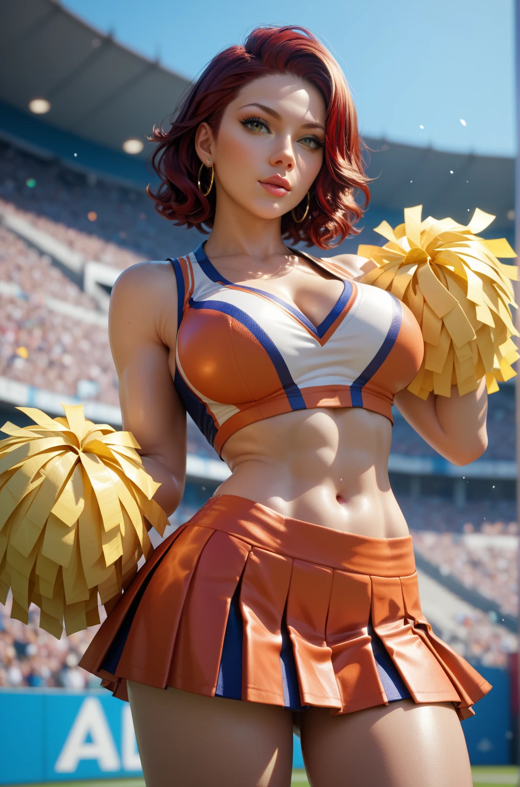 very cute and beautiful cheerleader girl,(very detailed beautiful face and crystal blue eyes:1.2),(holding a golden pom pom:1.2),(Laugh),
(Stadium Stand),Cowboy Shot,Dynamic Pose,zettai ryouiki,(orange ang black sleeveless shirt),Beautiful legs,Skirt lift,White panties,Dynamic Angle,red hair,
(Best Quality,masutepiece:1.2),Intricate details,Ultra-detailed,hight resolution,1 girl,Looking at Viewer,
Natural lighting,Hair fluttering in the wind,Beautiful detailed sky,