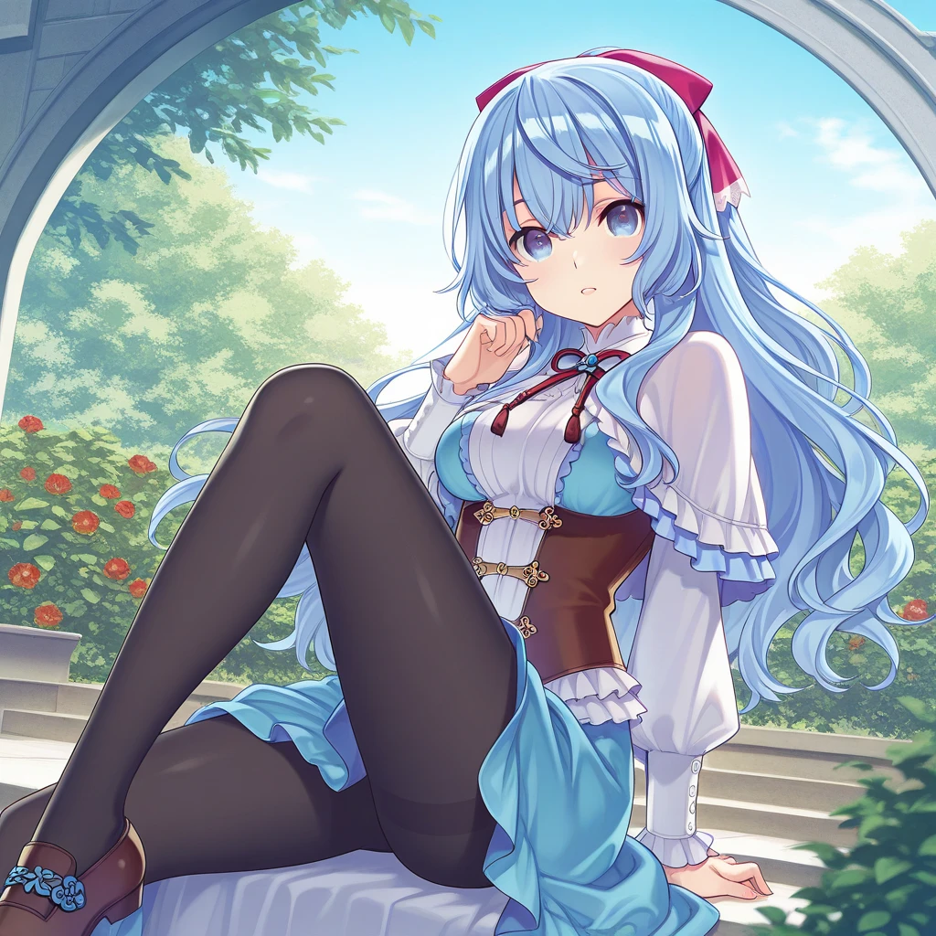 masterpiece, best quality, highres, 1girl, solo, very long hair, blue hair, twin braids, hair ribbon, white hairband, white ribbon, mini crown, blue eyes, bare shoulders, frilled dress, white dress, detached sleeves, white thighhighs, <lora:janus_v1:0.7>, forest, sitting, tree stump, smile