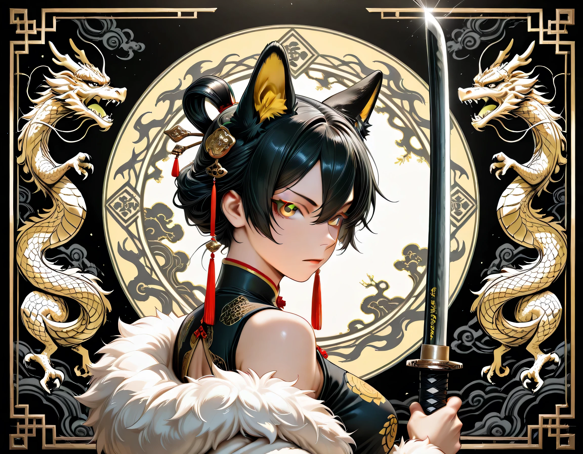 1girl, female goddess,Colored eyelashes, yellow eyes, side view,Holding a katana, dynamic pose, Zodiac art background,(intricate detailed background),upper body, looking at viewer, short hair,hair between eyes, tsurime,Dog Ears,single Hair,hair fulled back,Jewellery, ornament,Hair accessories,(Chinese clothes with dragon pattern),Fur coat,smooth Texture ,score_9,score_8,score_7_up, manga style art, monochrome, Grayscale,HD,8k wallpaper, Highly detailed, Sharp focus,(yellow pattern),