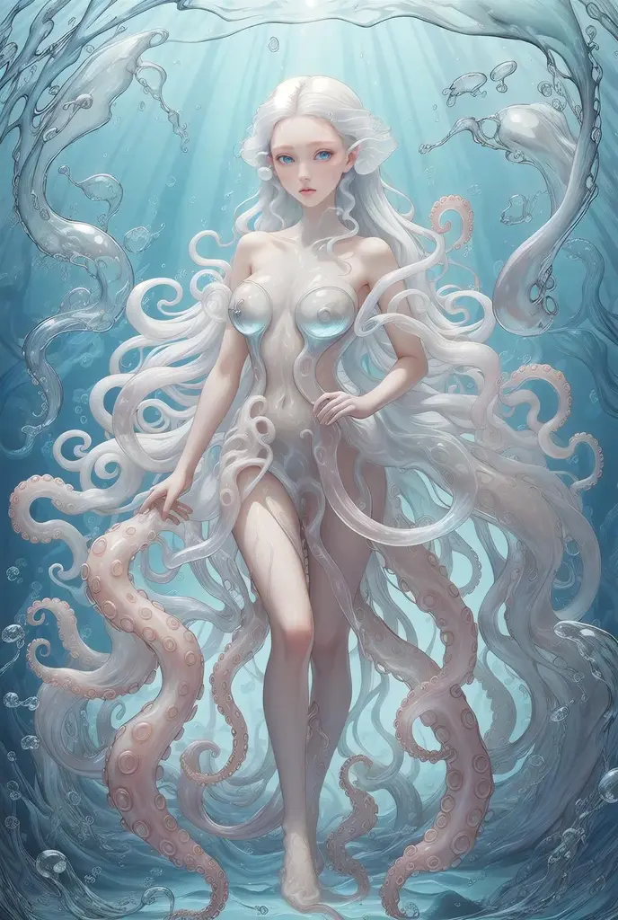(masterpiece, top quality, best quality, official art, beautiful and aesthetic),1girl,solo,flowing long (white hair:1.2),(full body),look at viewer,slimy octopus skin,transparent,water-rich,slimy gel,entangled with tentacles,bare shoulders,jellyfish,bubbles,azure and light white,meticulous portraiture,<lora:octopus mecha-000003:0.7>,style-swirlmagic,<lora:Clothing -:0.4>,<lora:last:0.7>,