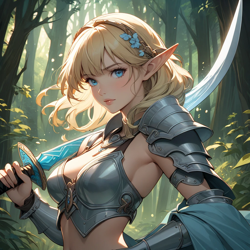 ((masterpiece, best quality)), (elf ears), female elf singing, female blonde elf with blue eyes in armor, stunning character art, character art of a beautiful female elf singing:1.4, athletic body, muscular:1.3, Well trained, abs, epic exquisite character art, character art portrait, rossdraws 1. 0, high quality digital concept art, beautiful female knight wearing armor, a blonde warrior, holding a sword, the elf, she is wielding a sword, elf princess knight