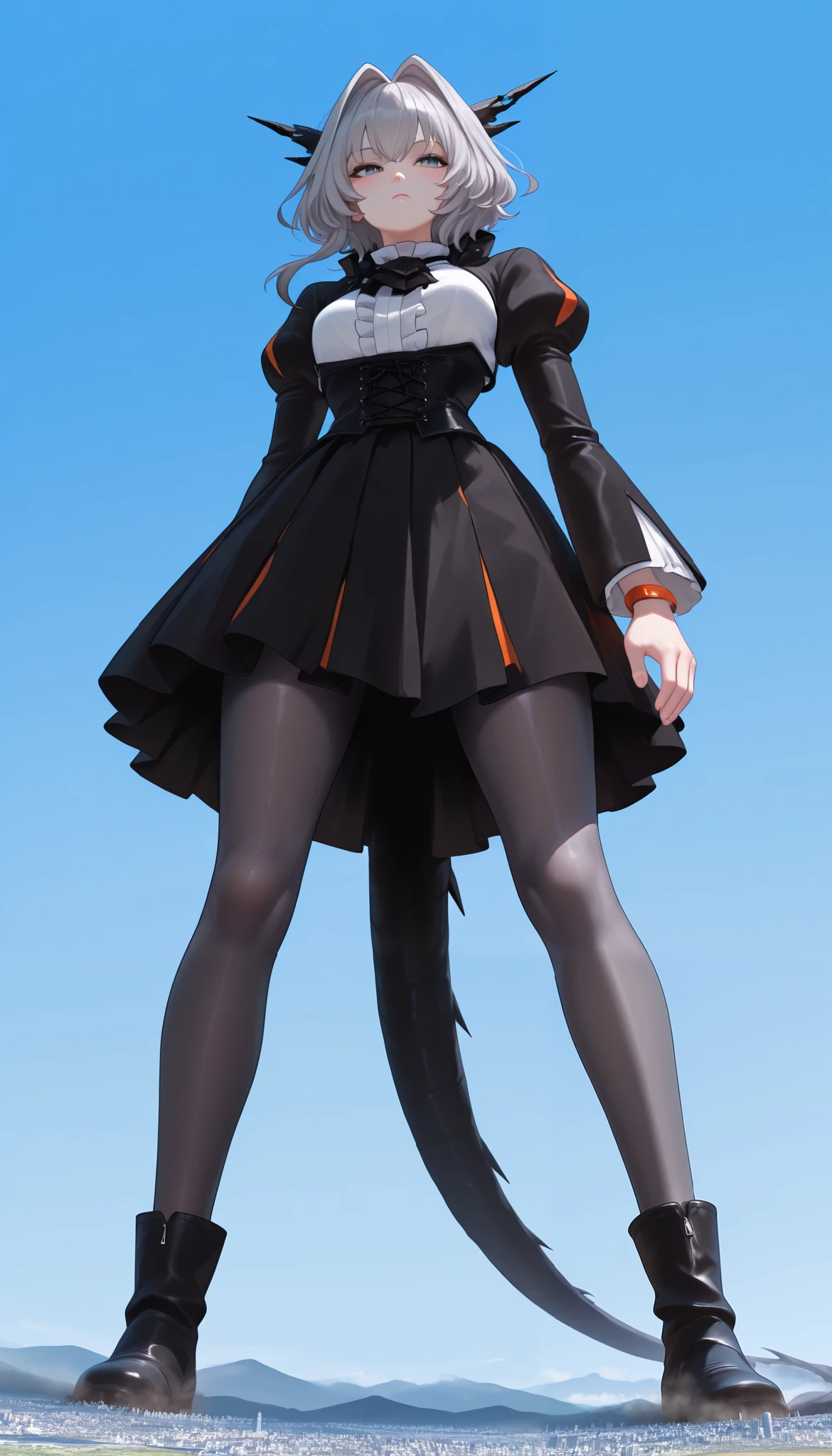 one woman, one person only, tlhdef, dragon tail, short hair, grey hair, hair intakes, black horns, dragon horns, grey eyes, black jacket, cropped jacket, open jacket, juliet sleeves, underbust, orange bracelet, white shirt, center frills, black ascot, black corset, black skirt, (giantess:1.4), microcity, blue sky, Outdoors, long boots, from below,white skin,Grey Stockings