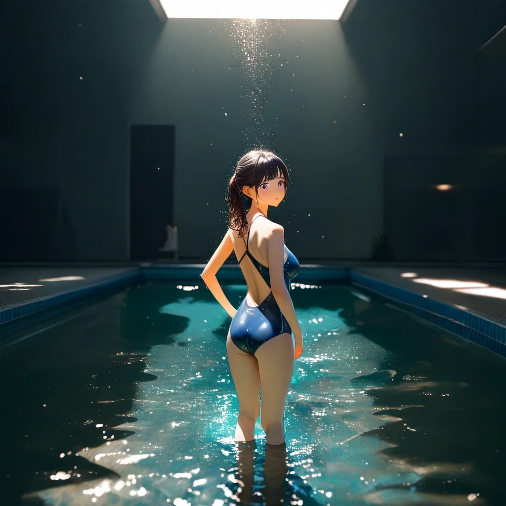 a beautiful young Asian woman with short black bob hair, with thick legs, 19 year old girl, posing confidently. wearing a black sporty bodysuit, tight, tight sporty bodysuit. standing, facing the front. at the edge of a modern pool, no plants, no trees.